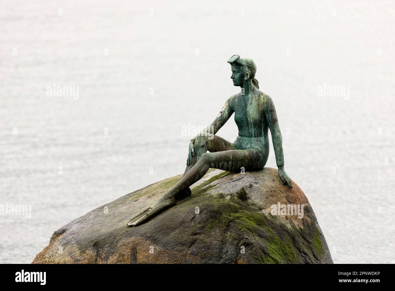 „Girl in a Wetsuit“, eine lebensgroße Bronzeskulptur aus dem Jahr 1972 des Künstlers Elek Imredy, ist auf einem Felsen im Wasser vor Stanley Park, Vancouver, Kanada, zu sehen. Stockfoto