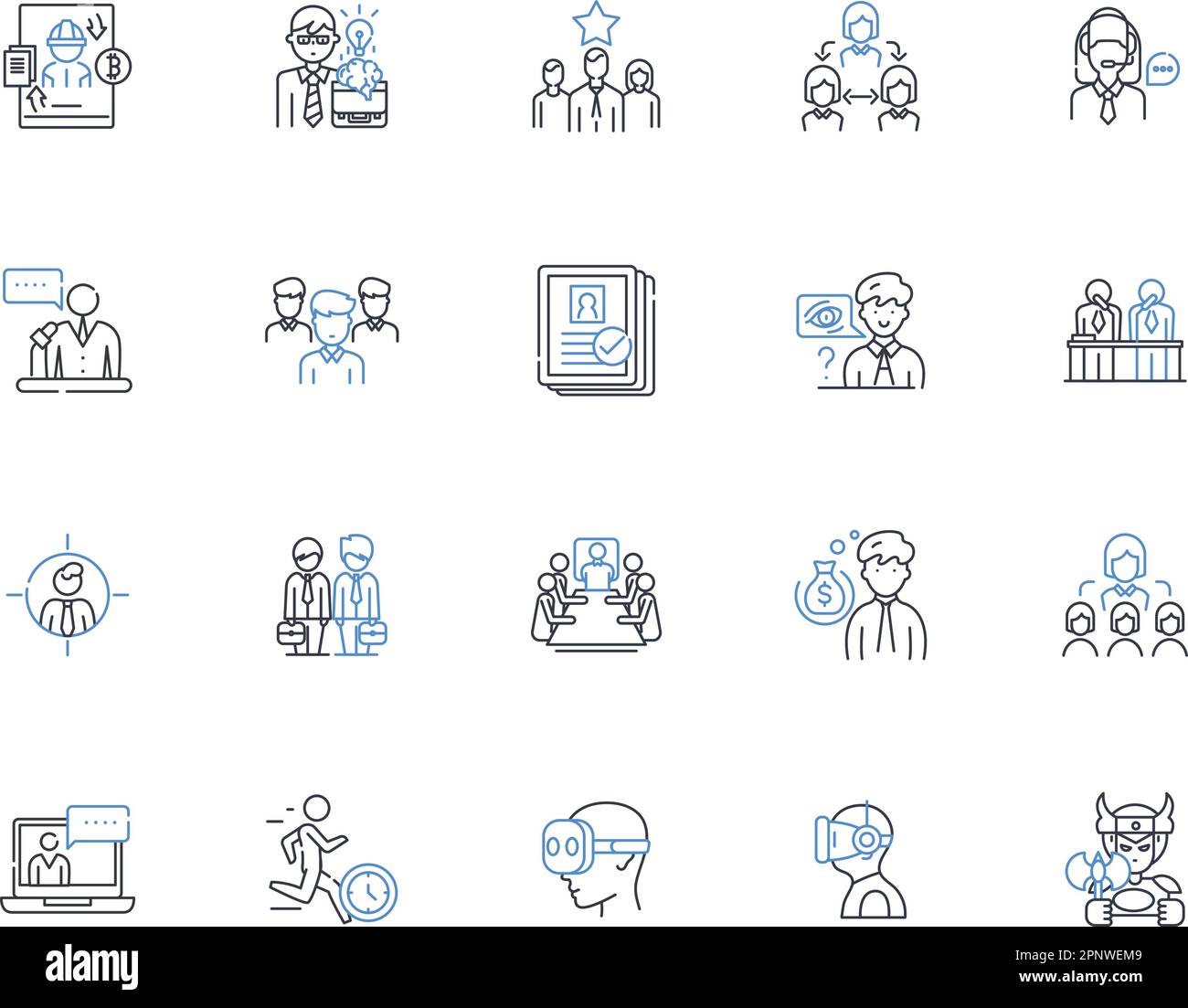 Symbolsammlung für Suchlinien am Arbeitsplatz. Beschäftigung, Jobsuche, Rekrutierung, Karriere, Arbeitsmarkt, Nerking, Jobmessen, Vektor und lineare Illustration Stock Vektor