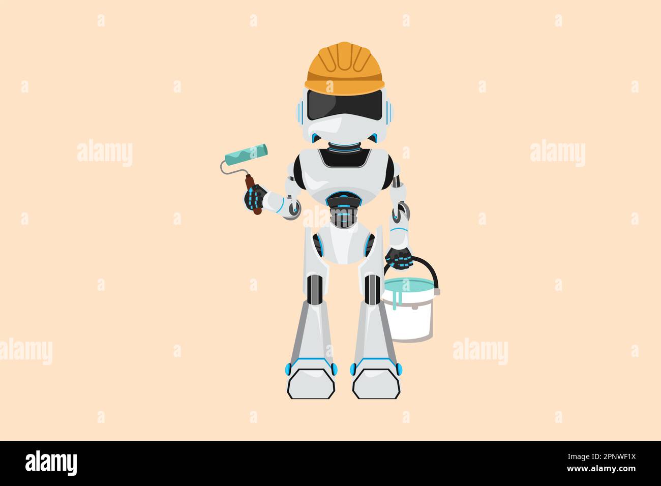 Business Flachzeichner-Roboter-Mechaniker steht und hält Walze und Eimer voller Farbe, Hausreparaturen, Wände im Haus streichen. Humanoide Roboter-Cyberneti Stockfoto