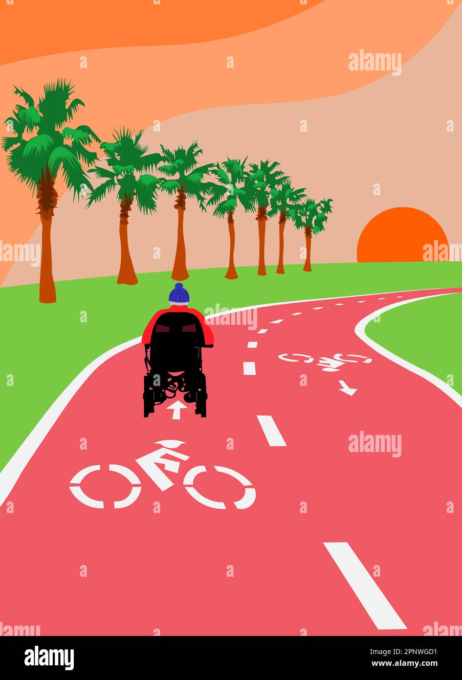 Ein fesselndes und ruhiges Bild mit einem Rollstuhlfahrer, der selbstbewusst auf einem malerischen Radweg zu einem atemberaubenden Sonnenuntergang navigiert. Stock Vektor