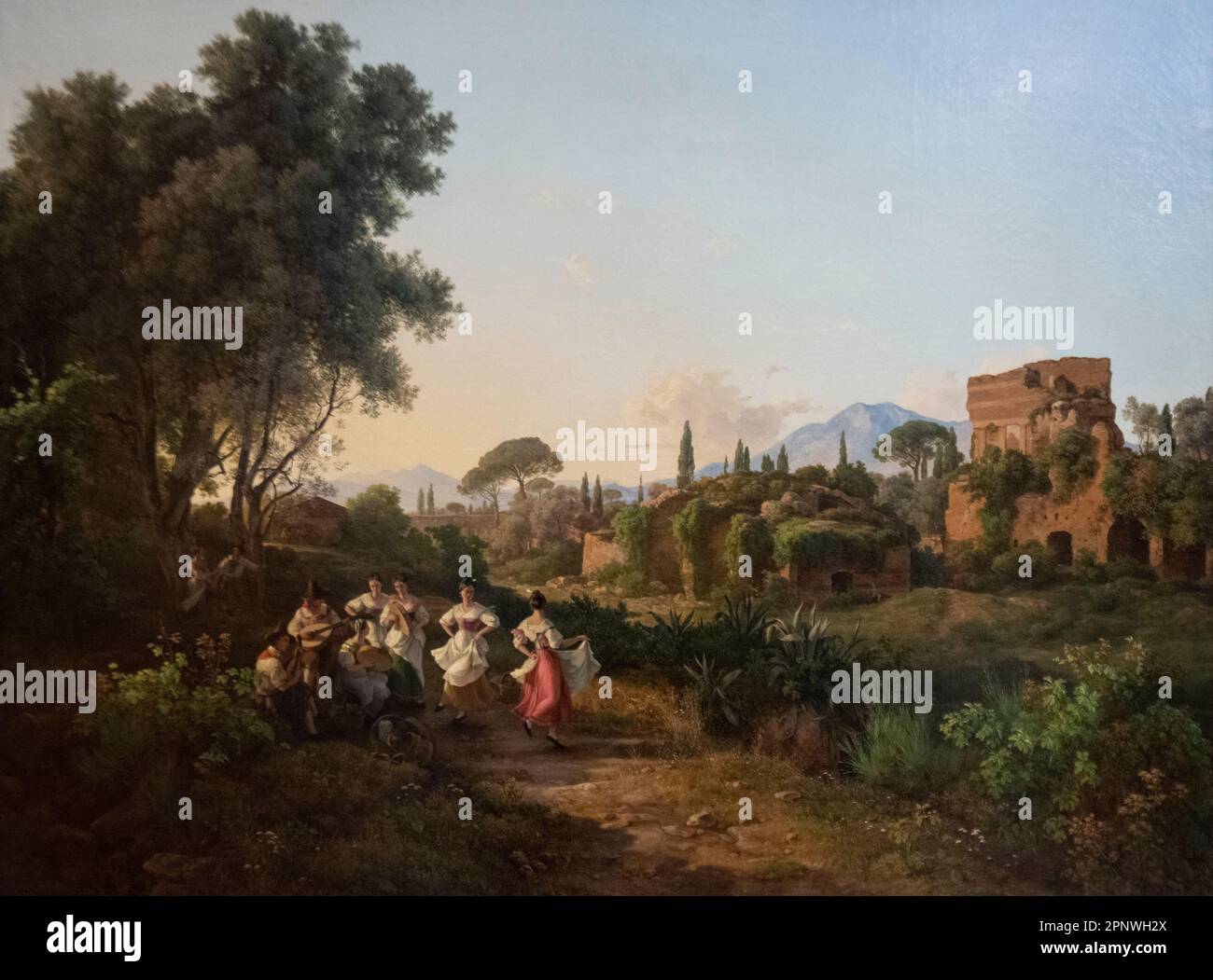 Karoly Marko der Ältere: „Italienische Landschaft mit tanzenden Figuren (fröhliches Schaffen zur Erntezeit, Ernte, Tarantella“ (1835) Stockfoto