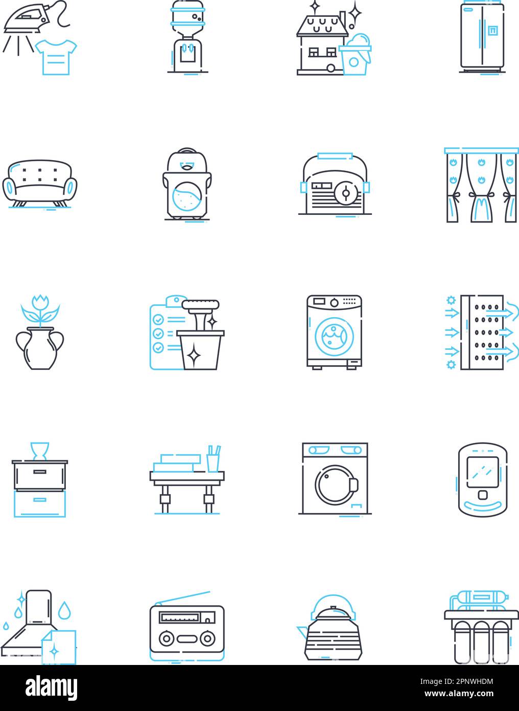 Lineare Symbole für Elektrogeräte festgelegt. Mikrowelle, Mixer, Toaster, Mixer, Entsafter, Kaffeemaschine, elektrischer Wasserkocher, Linienvektor und Konzeptschilder. Eisen Stock Vektor