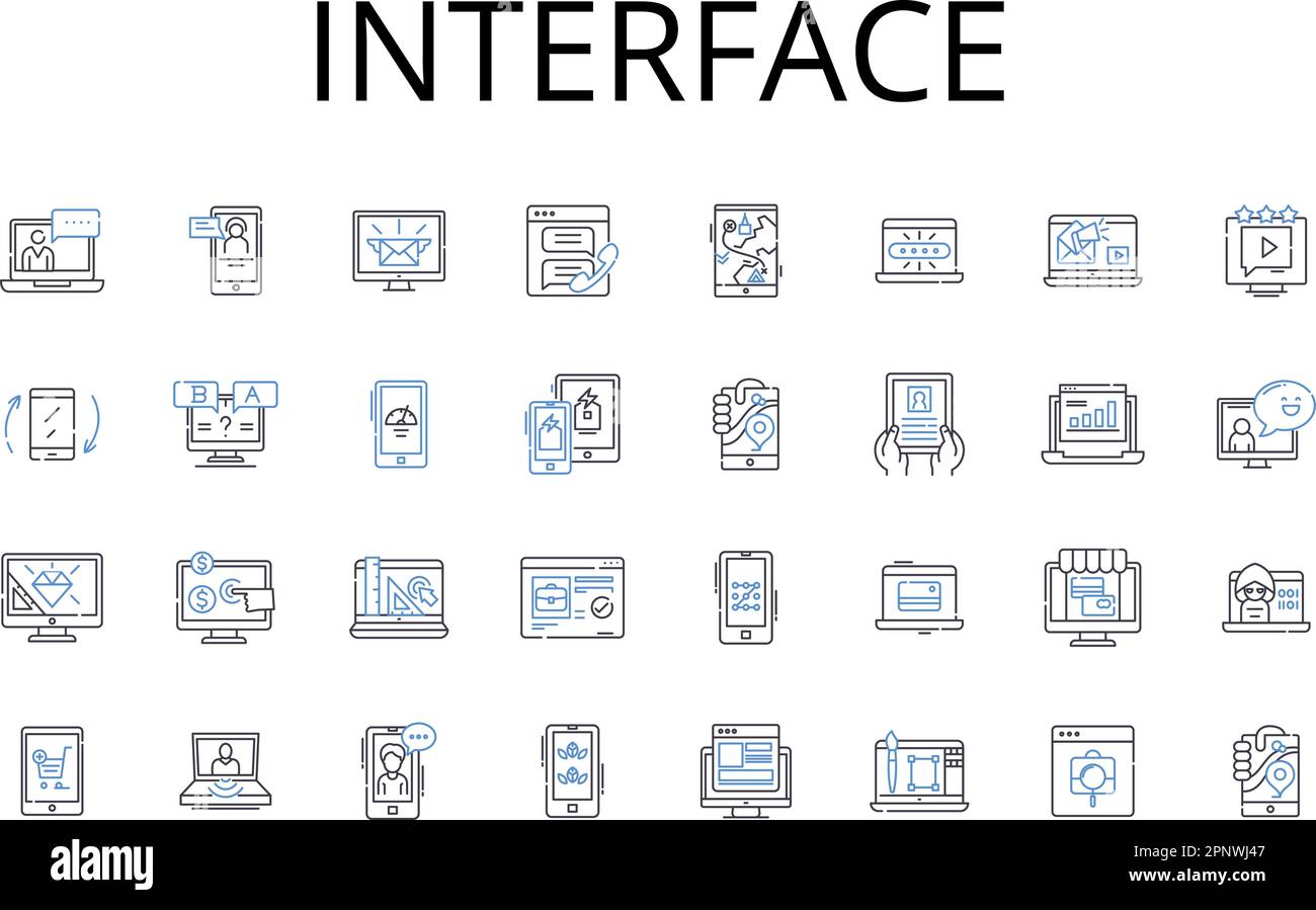 Symbolsammlung für Schnittstellenzeilen. Verbindungspunkt, Interaktionsbereich, Treffpunkt, Touchpoint-System, Verknüpfungsplattform, Kommunikationsstelle Stock Vektor