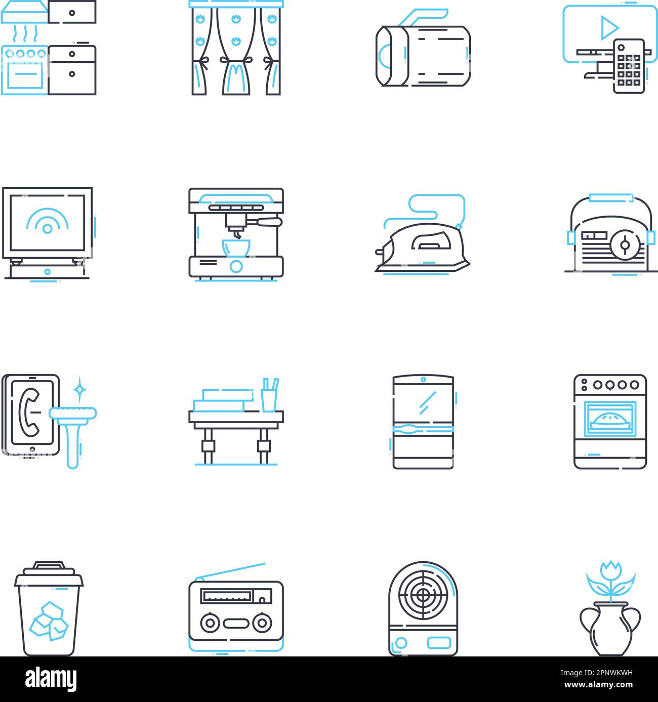 Lineare Symbole für Elektrogeräte festgelegt. Mikrowelle, Mixer, Toaster, Mixer, Entsafter, Kaffeemaschine, elektrischer Wasserkocher, Linienvektor und Konzeptschilder. Eisen Stock Vektor