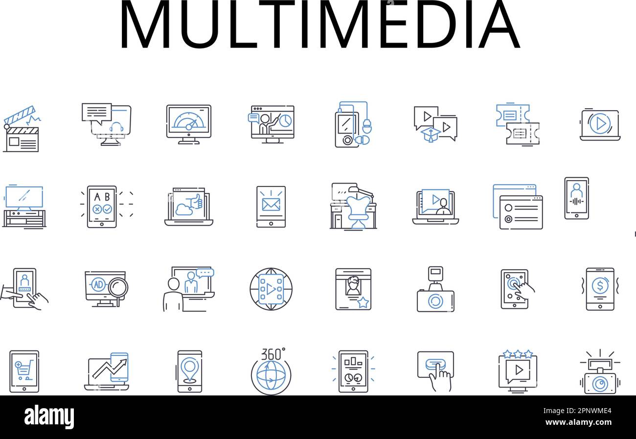 Symbolsammlung für Multimedia-Zeilen. Interaktive Medien, digitale Inhalte, audiovisuelle Medien, gemischte Medien, visuelle Hilfsmittel, Elektronische Medien, druckbarer Medienvektor Stock Vektor