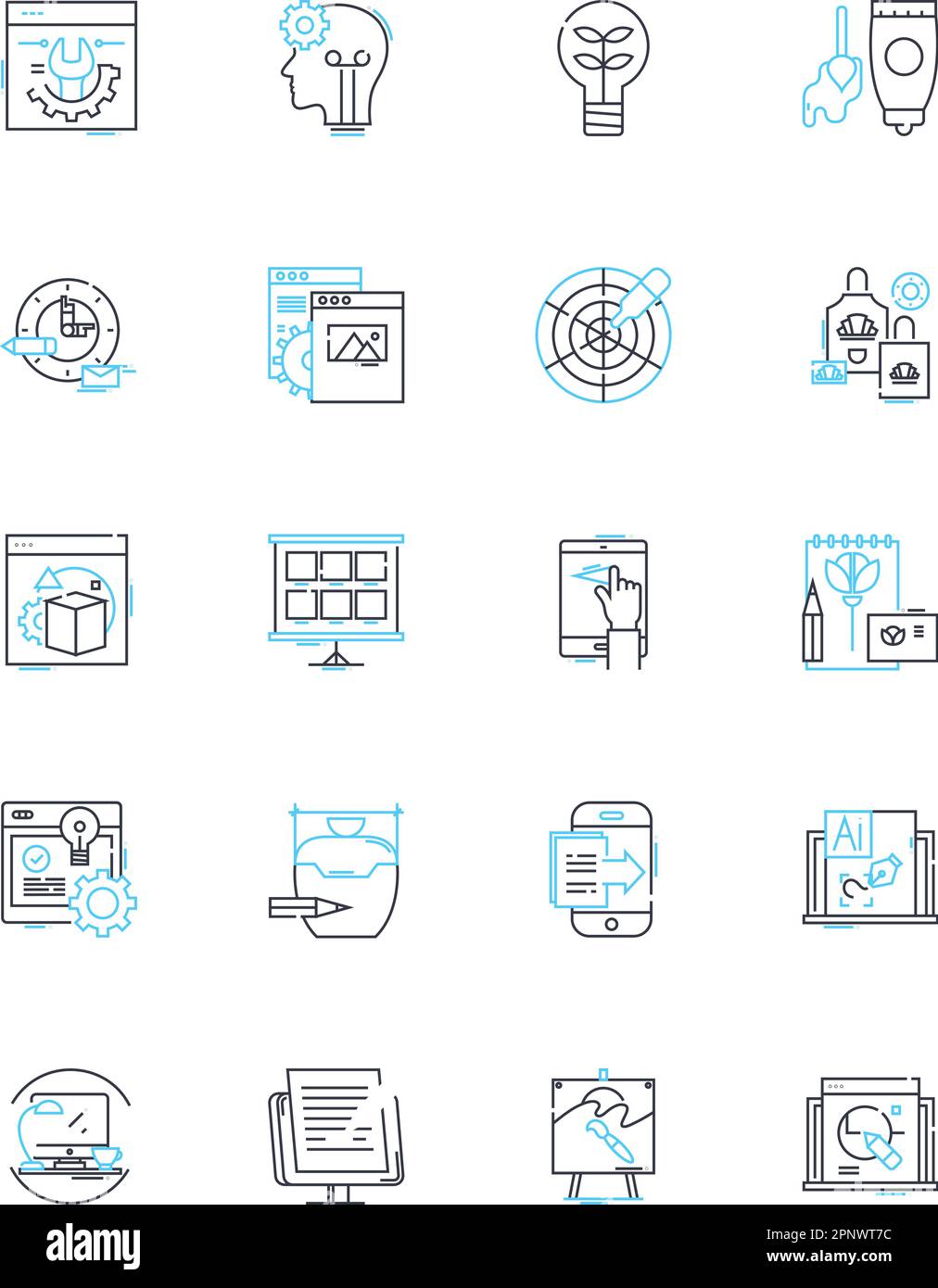 2D lineare Symbole für Interpreten eingestellt. Skizzieren, Zeichnung, Schattierung, Färbung, Druckfarbe, Komposition, perspektivischer Linienvektor und Konzeptzeichen. Proportionen, Bilder Stock Vektor