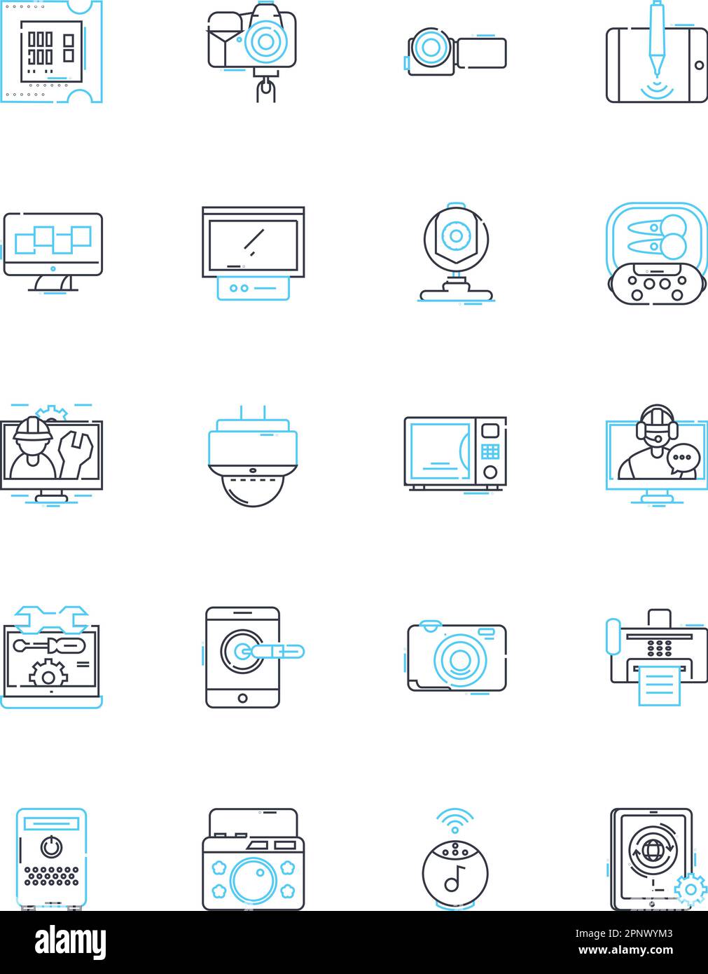 Lineare Symbole für Computersysteme eingestellt. Hardware, Software, Betriebssystem, Programm, Anwendung, Datenbank, Nerk-Linienvektor und Konzeptzeichen. Internet Stock Vektor