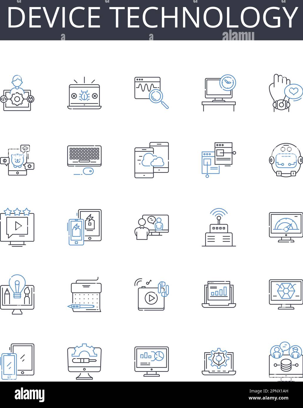 Symbolsammlung für Gerätetechnologie. Kommunikationsnerk, Informationstechnologie, Überwachungssystem, elektronisches Gerät, Computertechnik Stock Vektor