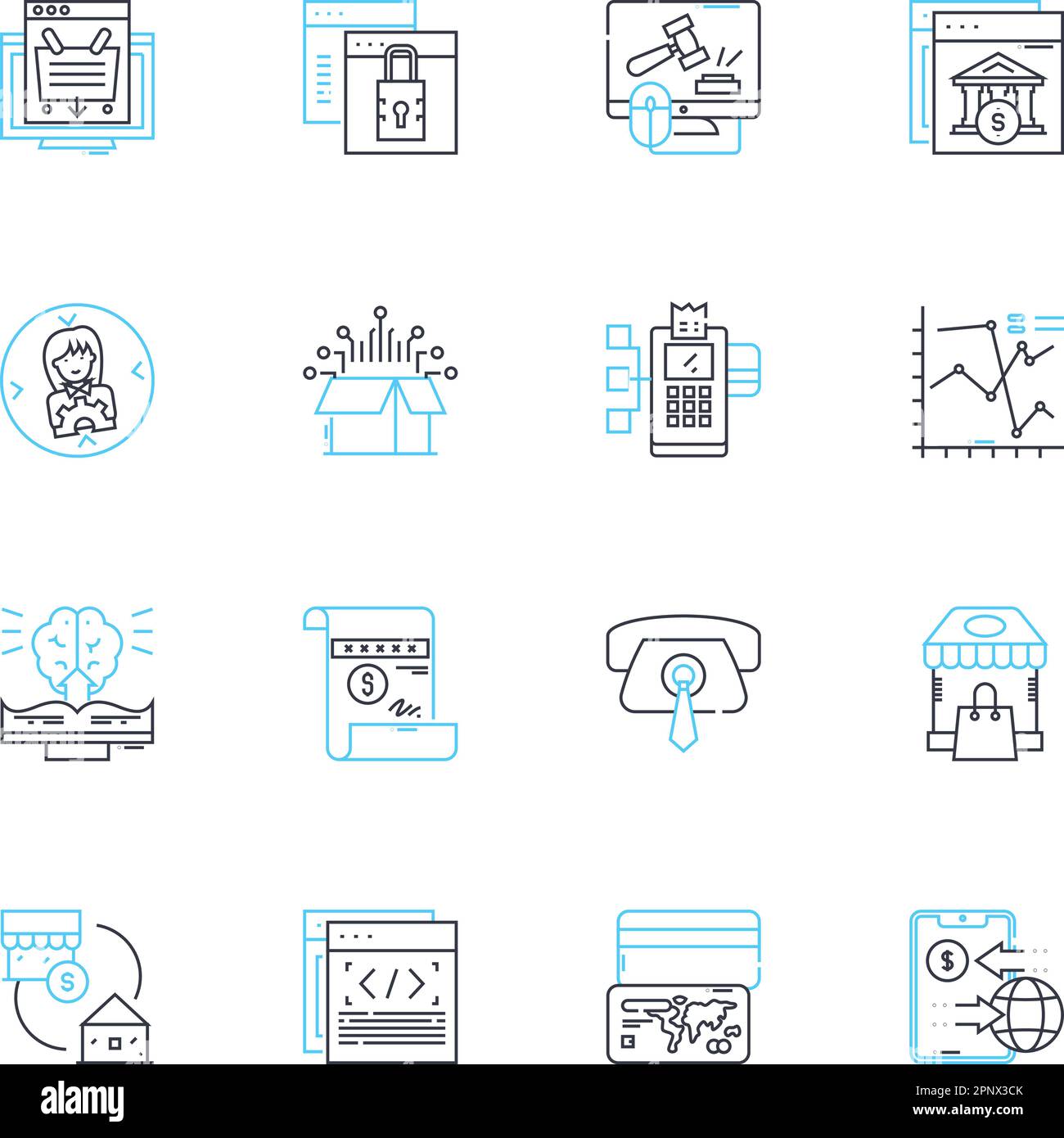 Lineare Symbole für Finanztechnologie. Kryptowährung, Blockchain, Bitcoin, Fintech, Digital, Mobilgeräte, Zahlungslinien-Vektor und Konzeptschilder Stock Vektor