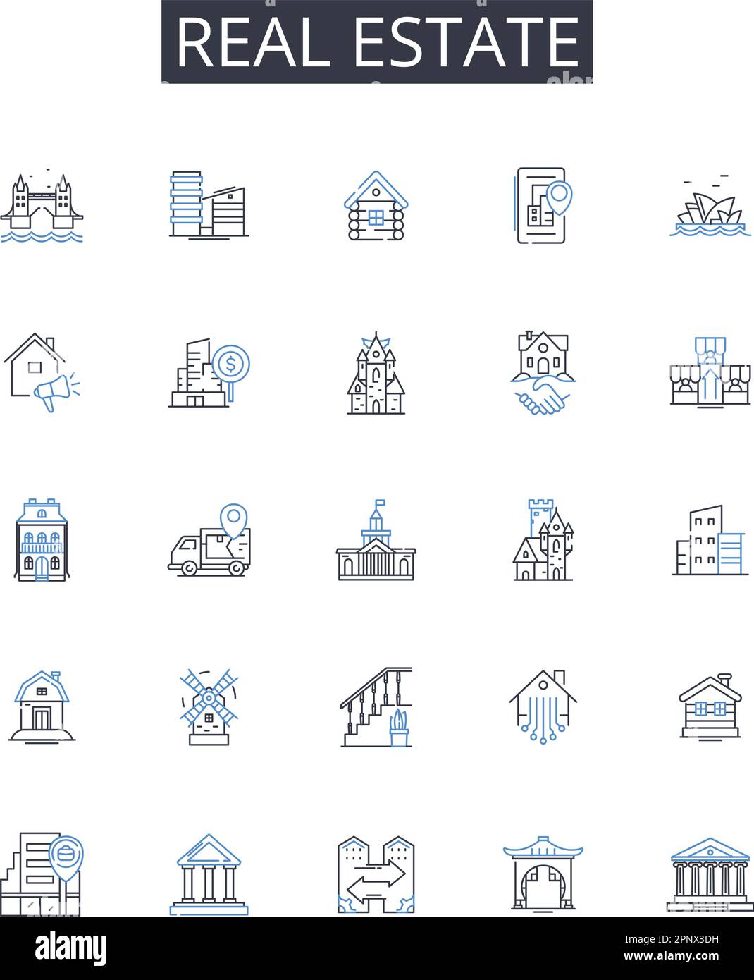 Symbolsammlung für Immobilienlinien. Immobilienmarkt, Wohnungsmarkt, Grundstücksgeschäft, Immobiliensektor, Bauindustrie, Immobilienmakler, Hausverkauf Stock Vektor