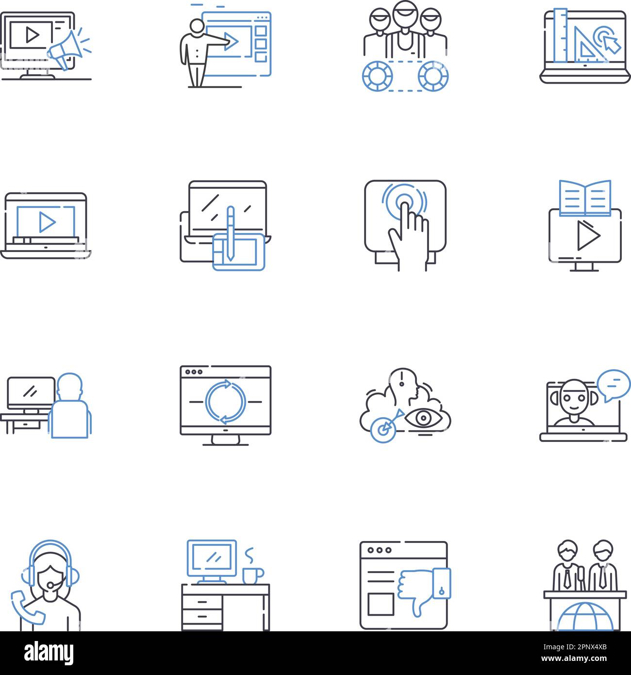 Symbolsammlung für die Filmproduktionslinie. Kinematographie, Vorproduktion, Drehbücher, Nachbearbeitung, Regie, Bearbeiten, Beleuchtungsvektor und linear Stock Vektor