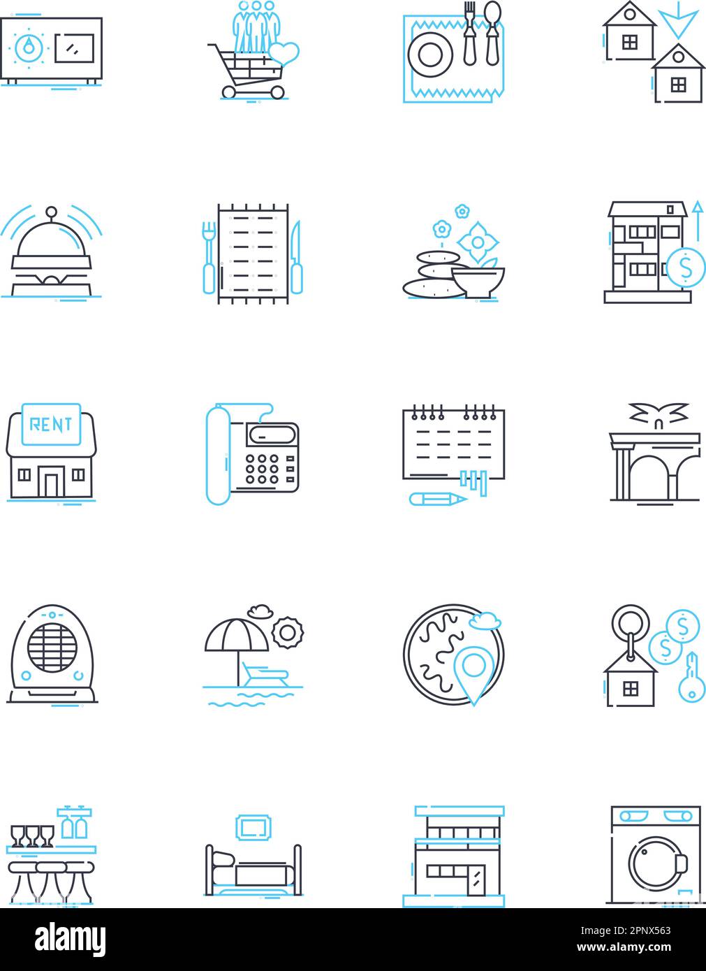 Hospitality Trade Linear Icons Set. Unterkunft, Service, Gastfreundschaft, Tourismus, Reisen, Empfang, Unterkunftslinie, Vektor und Konzeptschilder. Annehmlichkeiten Stock Vektor