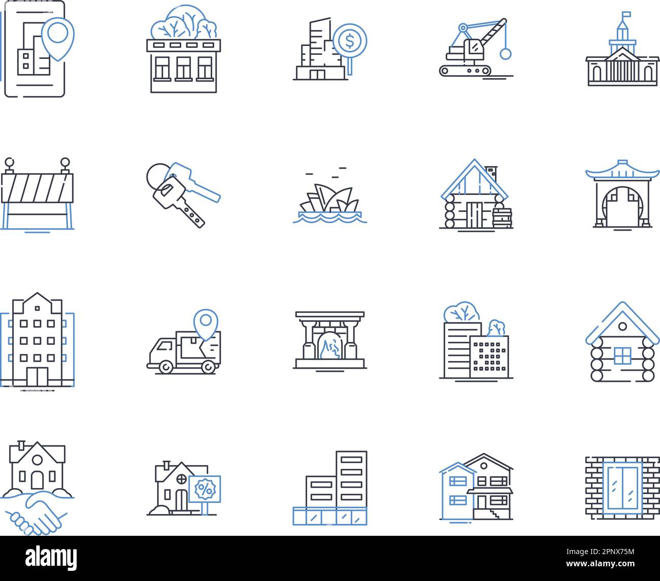 Icons-Kollektion für Unterkünfte und Unterkünfte. Unterschlupf, Haus, Wohnung, Wohnung, Haus, Wohnung, Logenvektor und lineare Darstellung. Assistenzarzt Stock Vektor