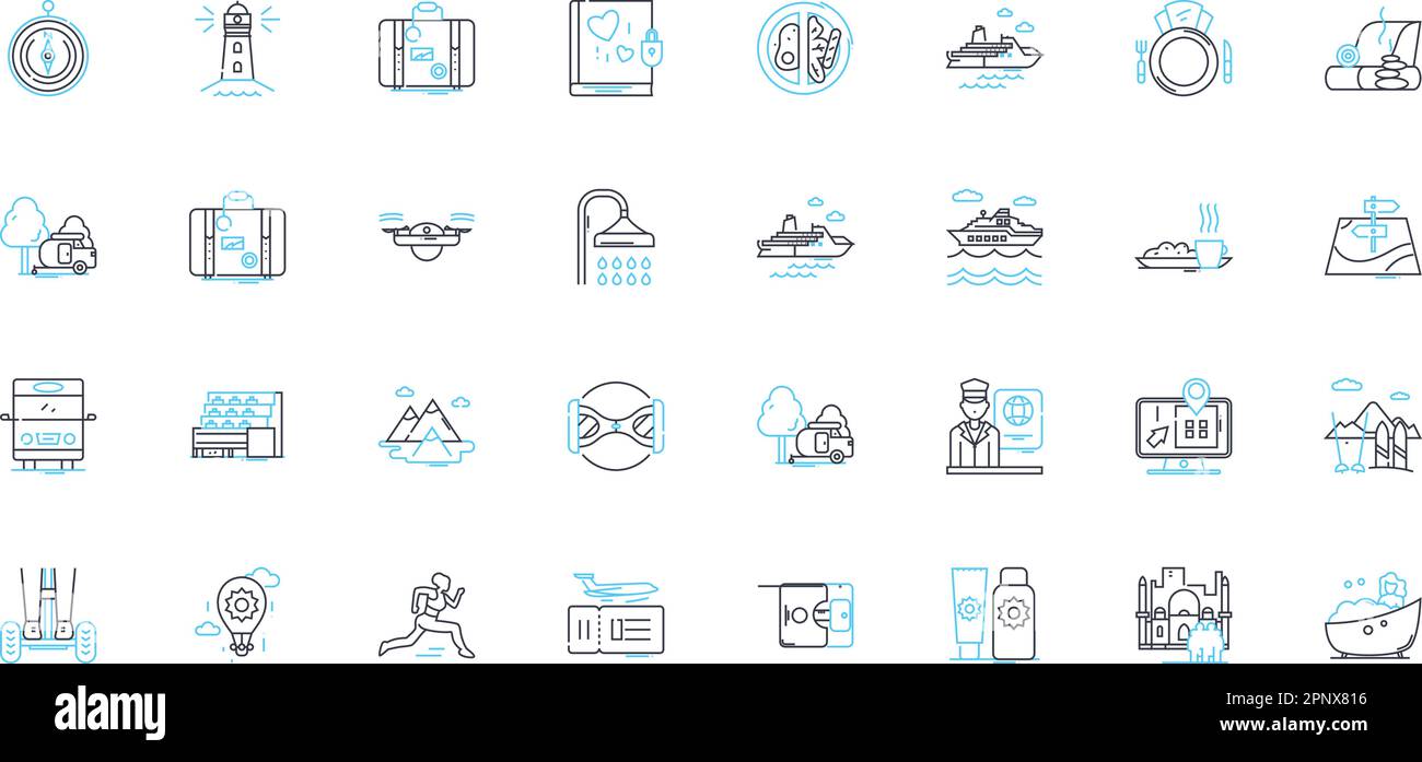 Lineare Symbole für Exkursionen festgelegt. Abenteuer, Safari, Kreuzfahrt, Erkundungen, Trekking, Wandern, Kulturlinienvektor und Konzeptschilder. Geschichte, Architektur Stock Vektor