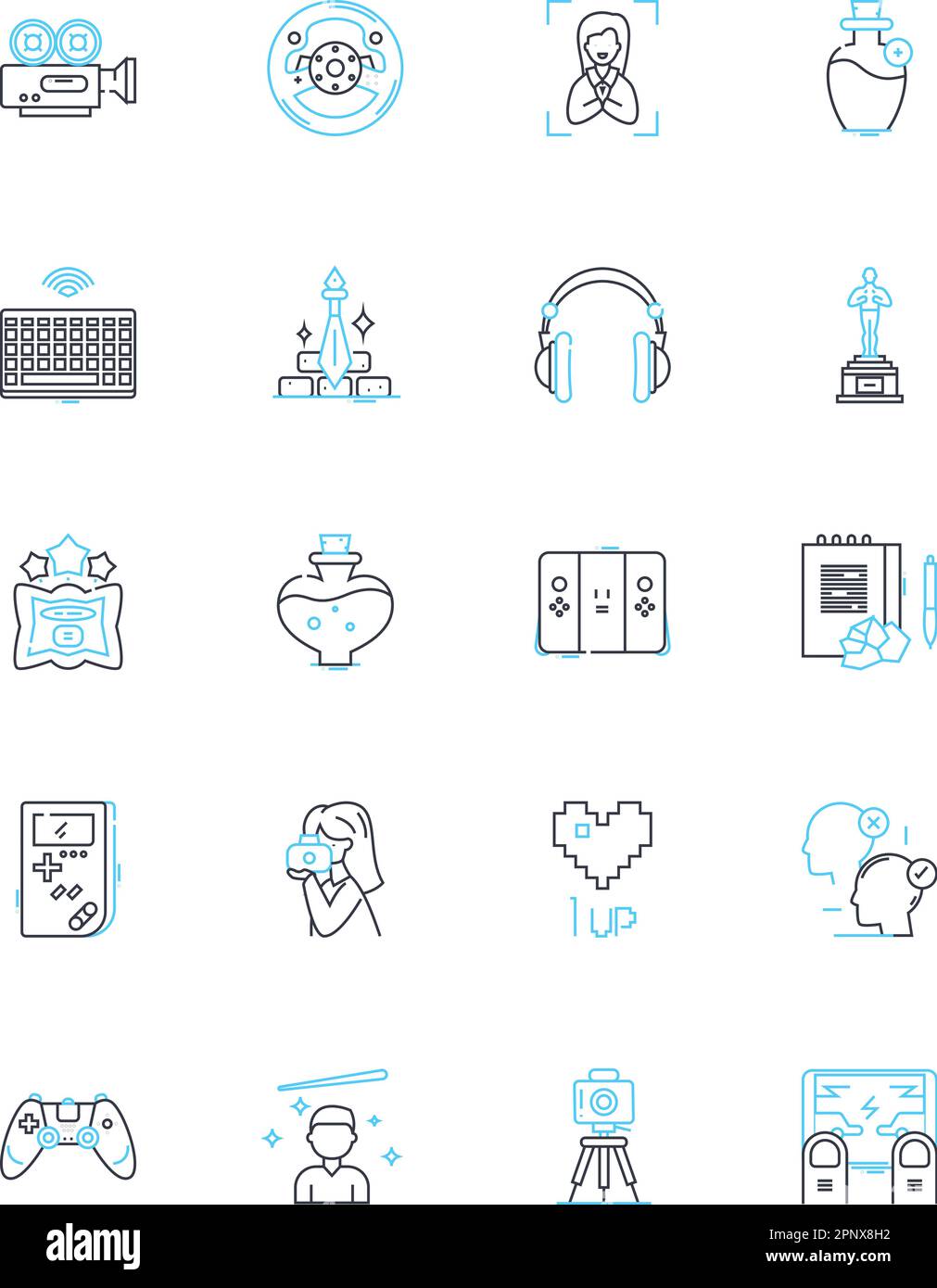 Lineare Symbole für Nachrichtenberichte festgelegt. Break, Scoop, Headline, Investigative, Exclusive, Aktuell, aktualisiert Linienvektor und Konzeptzeichen. Ereignisse,Druck Stock Vektor