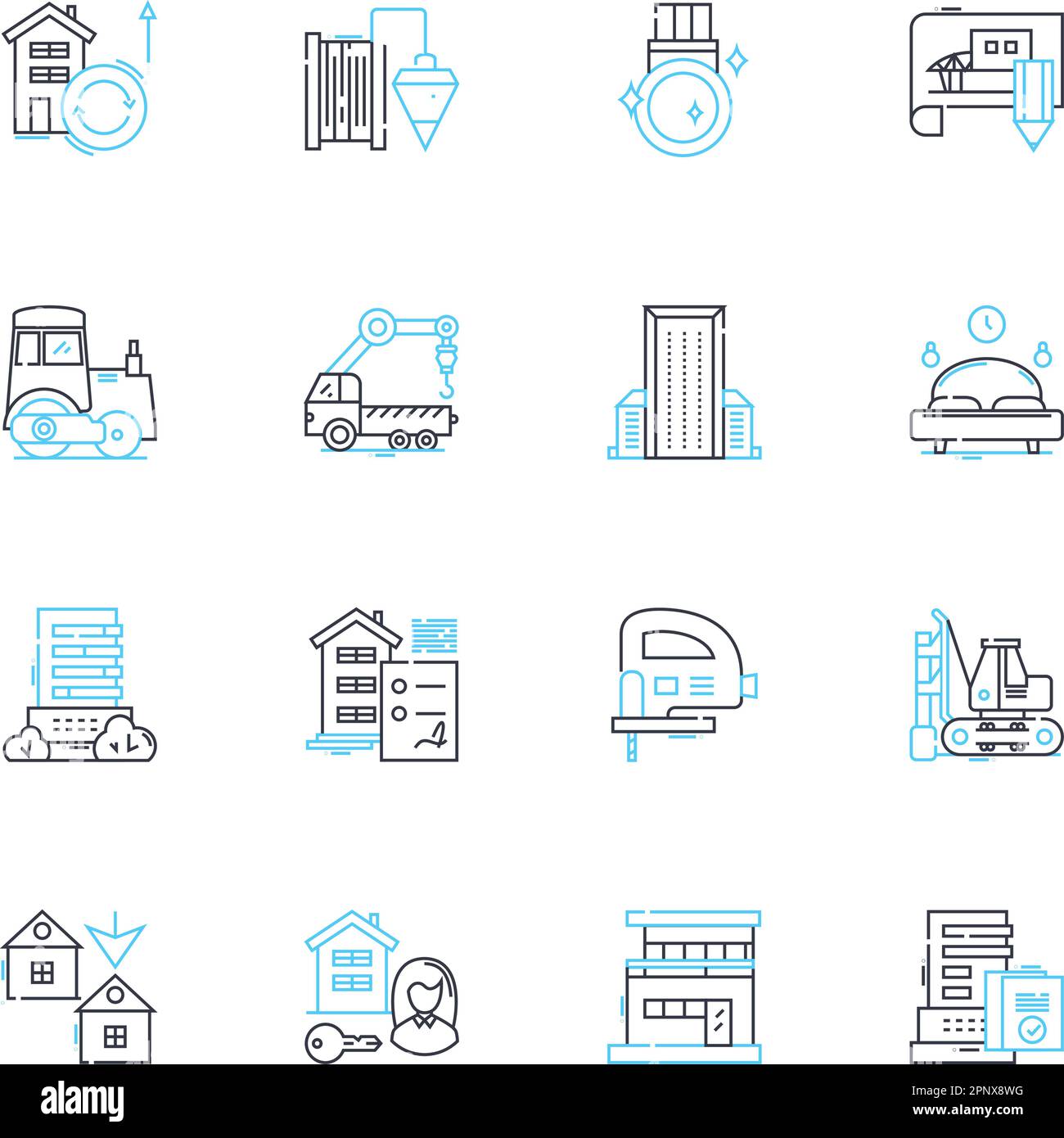 Lineare Symbole für die Gestaltung der Stadtlandschaft festgelegt. Architektur, Urbanisierung, Wolkenkratzer, Wahrzeichen, Straßenlandschaften, Infrastruktur, Entwicklungslinien-Vektor und Stock Vektor