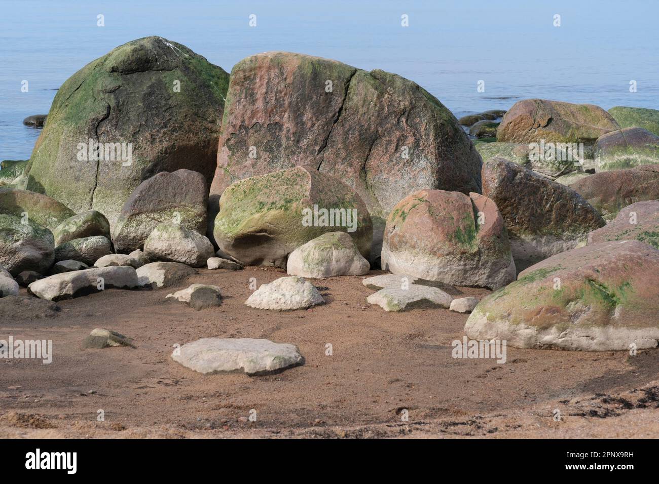 Große Moossteine am Sandstrand Stockfoto