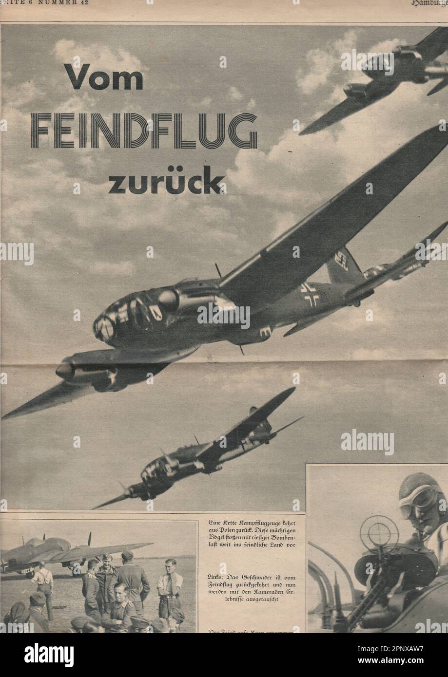 Reproduktion der Zeitschriftenseite zeigt Bilder aus Nazi-Deutschland. Piloten und Flugzeuge der Luftwaffe. Stockfoto