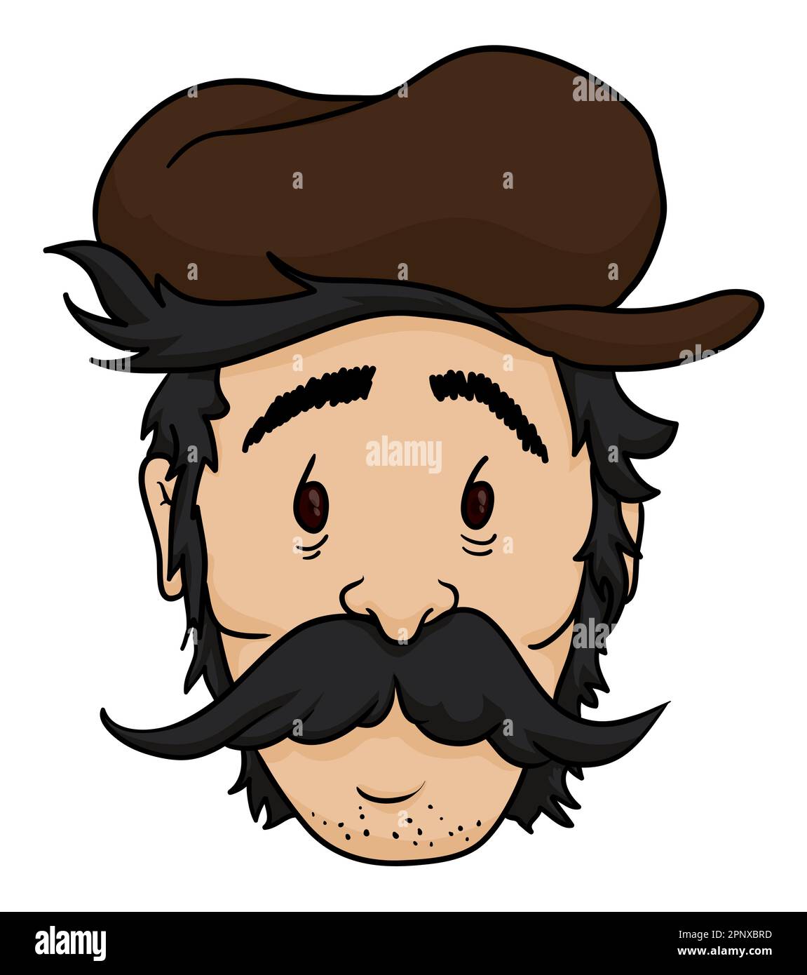 Ausgewachsenes männliches Gesicht mit schwarzem Haar und Schnurrbart, brauner Mütze und müder Geste. Cartoon-Design. Stock Vektor