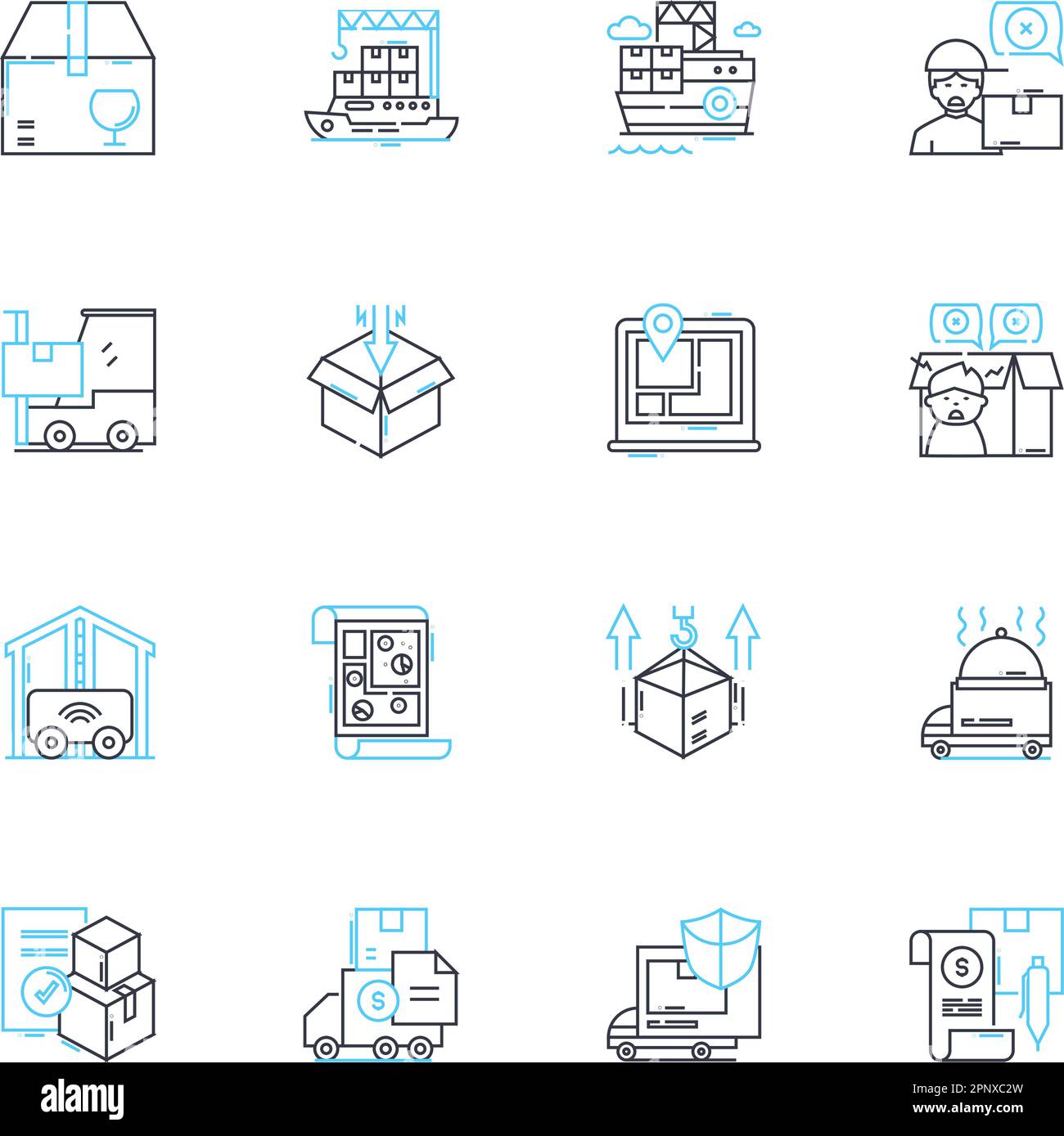 Lineare Symbole für Frachtzustellung eingestellt. Logistik, Versand, Fracht, Transport, Versand, Vektor- und Konzeptschilder für Versand, Transport und Leine. Lieferung Stock Vektor