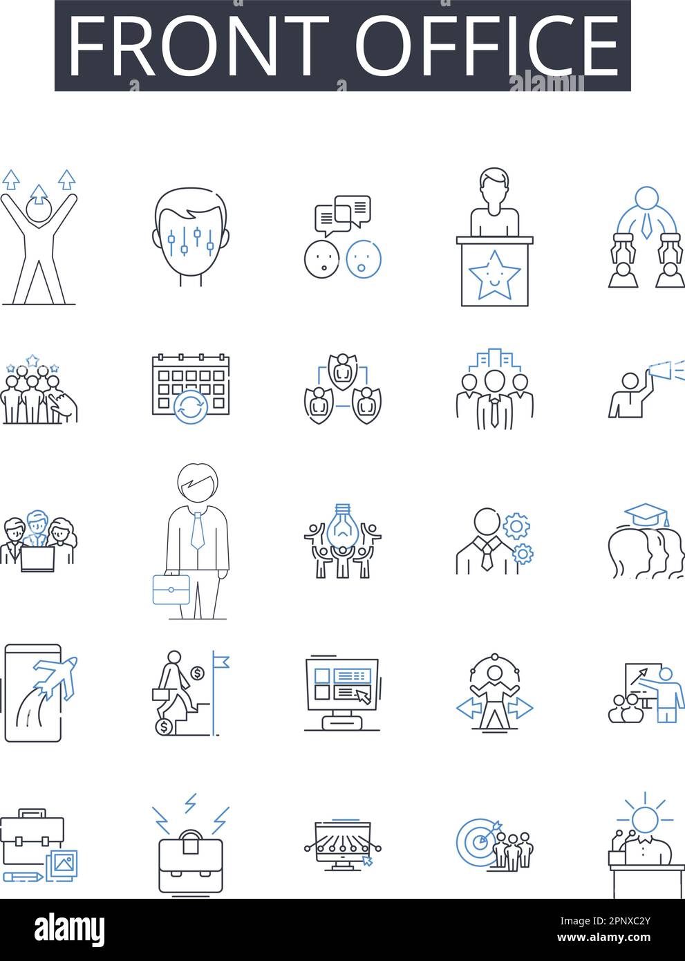 Symbolsammlung für Front-Office-Linien. Backstage-Bereich, Kundenservice, Rezeption, administrative Unterstützung, Executive-Suite, Service Center, Gast Stock Vektor