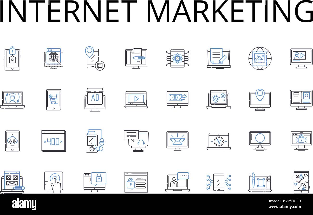 Symbolsammlung für Internet-Marketing-Linien. Digitale Werbung, Online-Werbung, Web-Werbung, Web-Werbung, Cyber-Werbung, E-Marketing, Web Stock Vektor