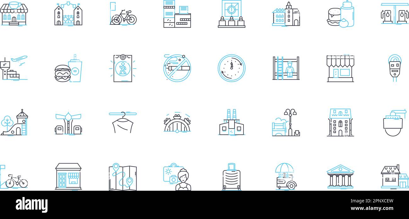 Lineare Symbole von Metropolis gesetzt. Stadtbild, Urbanit, Wolkenkratzer, Cosmopolitan, Industrie, Megalopolis, futuristische Linienvektoren und Konzeptzeichen Stock Vektor