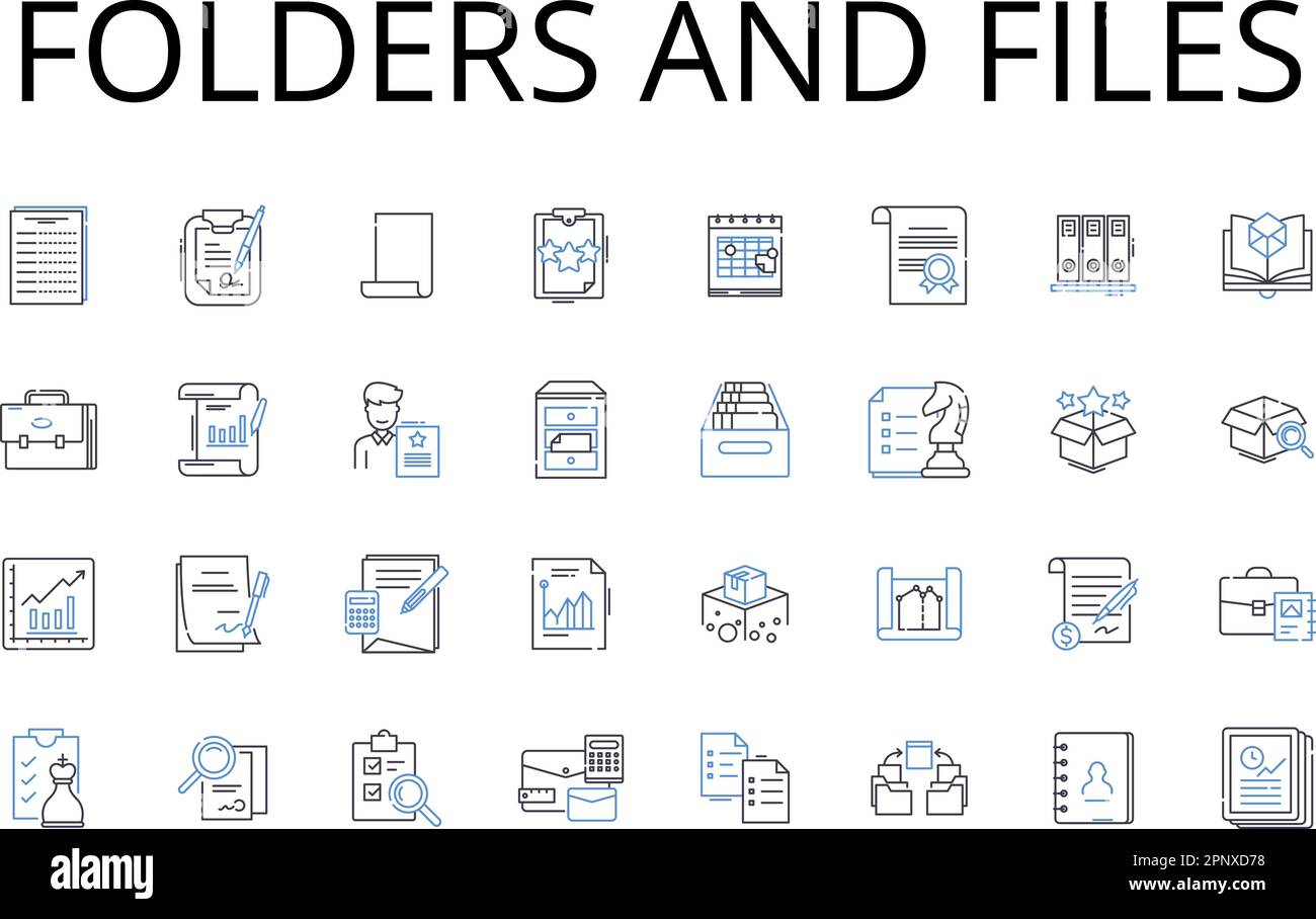 Sammlung von Ordnern und Dateizeilensymbolen. Verzeichnisse und Dokumente, Container und Daten, Archive und Aufzeichnungen, Ordner und Unterlagen, Portfolios und Stock Vektor