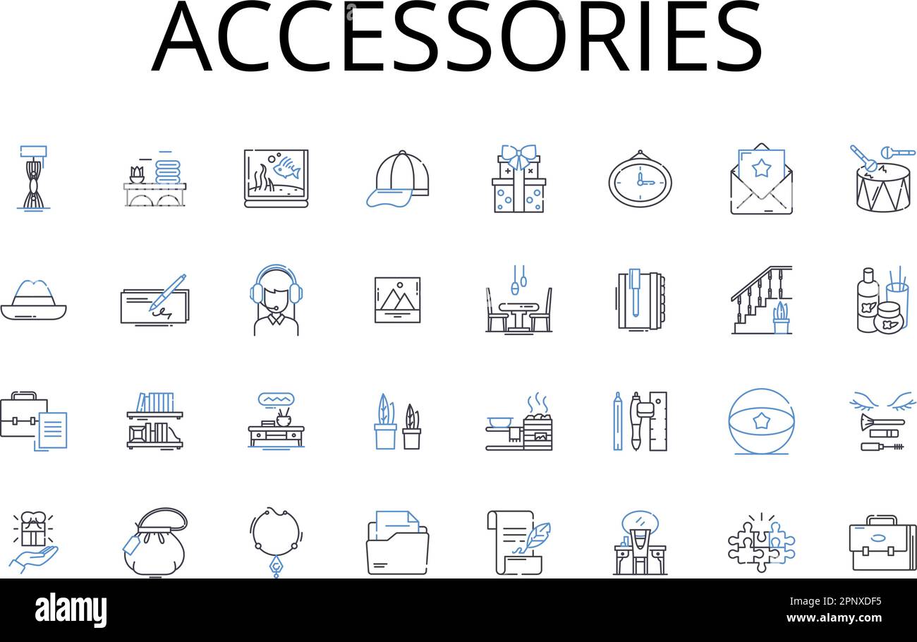 Symbolsammlung für Zubehörzeilen. Dekorationen, Schmuckstücke, Ornamente, Verzierungen, Dekorationen, Add-ons, Parfümvektor und lineare Darstellung Stock Vektor