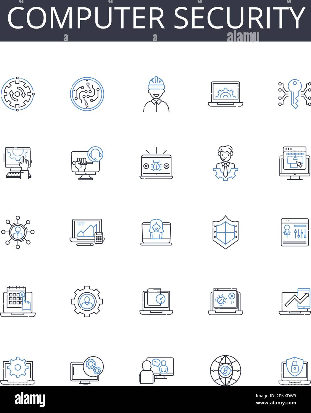 Zeilensymbole für Computersicherheit. Datenschutz, Nerk-Sicherheit, Zugriffskontrolle, Datenschutz, Cyber-Verteidigung, Digitale Sicherheit, Online Stock Vektor