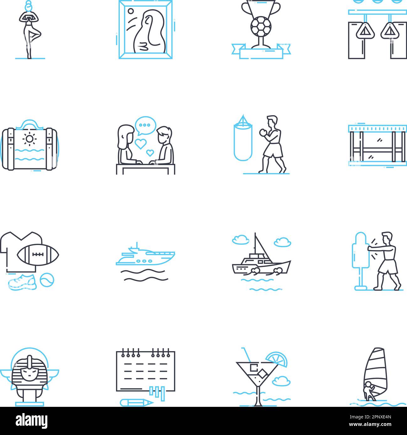 Physische Hobbys Lineare Symbolgruppe. Yoga, Joggen, Radfahren, Schwimmen, Wandern, Klettern, Gewichtheben, Linienvektor und Konzeptschilder. Boxen, Tanzen Stock Vektor