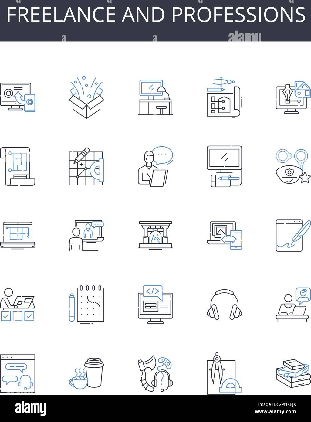 Kollektion mit Symbolen für freiberufliche und berufliche Berufe. Karriere und Berufung, Beruf und Berufung, Arbeit und Beschäftigung, Job und Arbeit, Geschäft und Stock Vektor