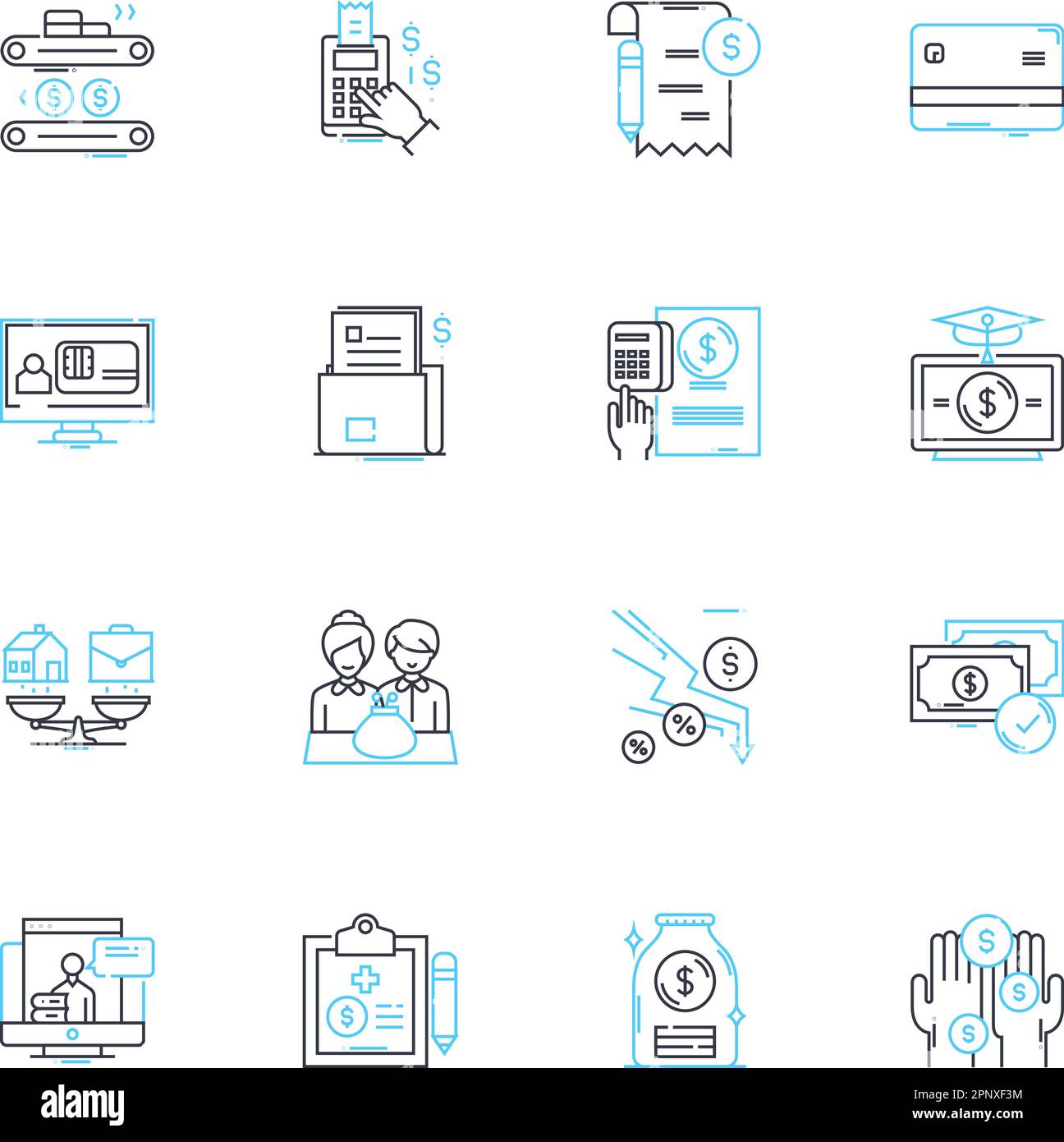 Lineare Symbole für Advanced Analytics festgelegt. Vorhersage, Maschinelles Lernen, Künstliche Intelligenz, Segmentierung, Optimierung, Visualisierung, Clustering-Linie Stock Vektor
