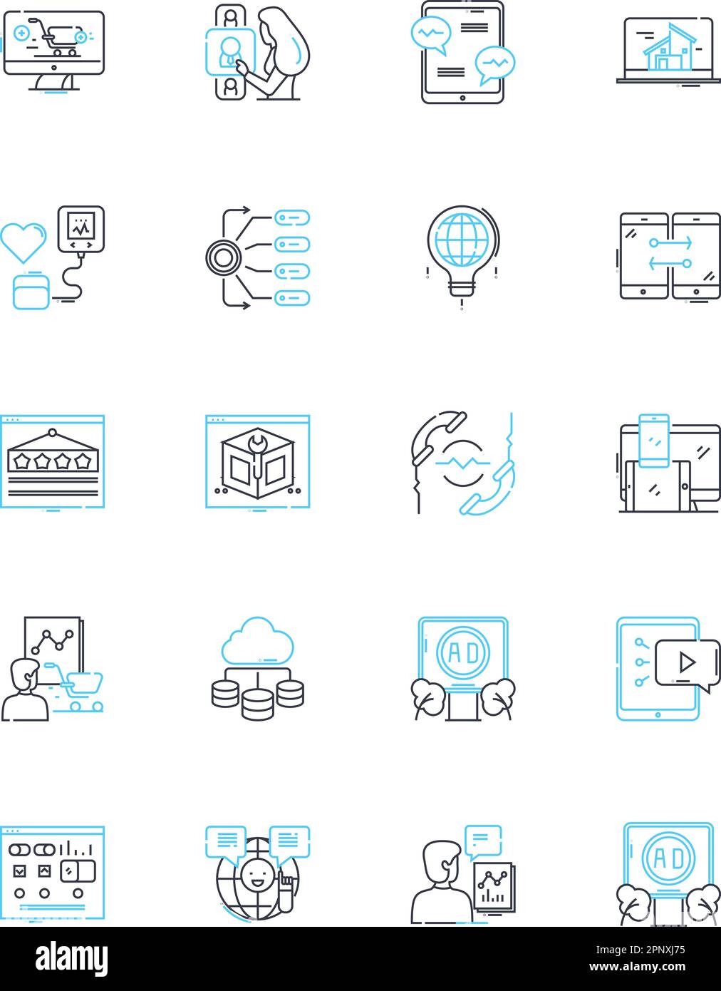 Lineare Symbole für mobile Apps. Innovation, Komfort, Funktionalität, Effizienz, Integration, Vielseitigkeit, Zugänglichkeit Linienvektor und Konzept Stock Vektor