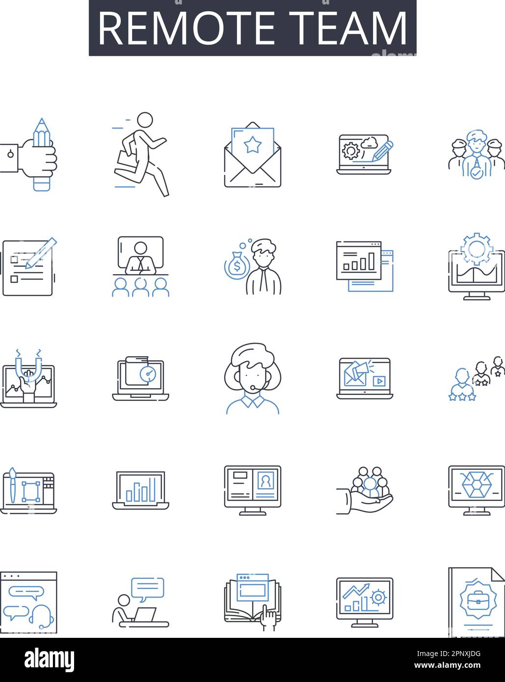 Symbolsammlung für Remote Team Line. Virtuelles Personal, entfernte Gruppe, externes Team, weit entfernte Crew, Online-Personal, Geografisch verteilte Einheit Stock Vektor