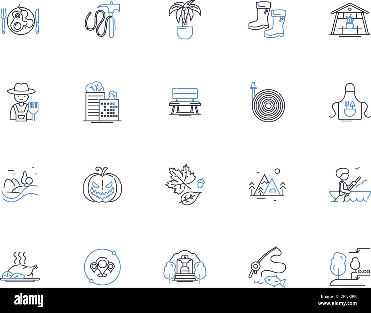 Sammlung der Symbole für die Backwater-Linie. Sumpf, Bayou, Trüb, Stagnierend, Schlammig, Kanäle, Marsh Vektor und lineare Darstellung. Feuchtgebiete, Reeds, Alligator-Umriss Stock Vektor