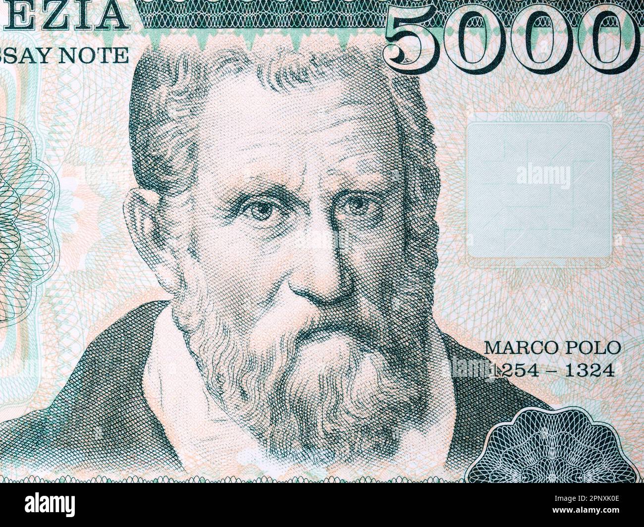 Marco Polo, ein Porträt von italienischem Geld Stockfoto