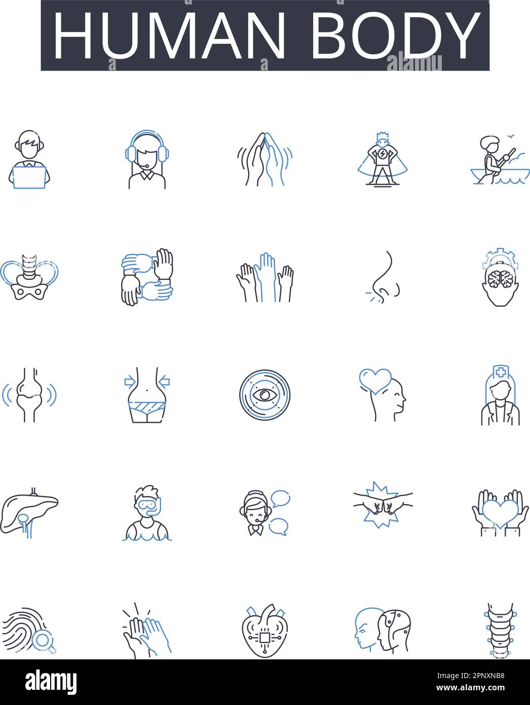 Kollektion mit Symbolen für menschliche Körperlinien. Psychische Gesundheit, Modestil, Wirtschaftswachstum, ökologische Nachhaltigkeit, politische Macht, Globale Wirtschaft, Soziales Stock Vektor