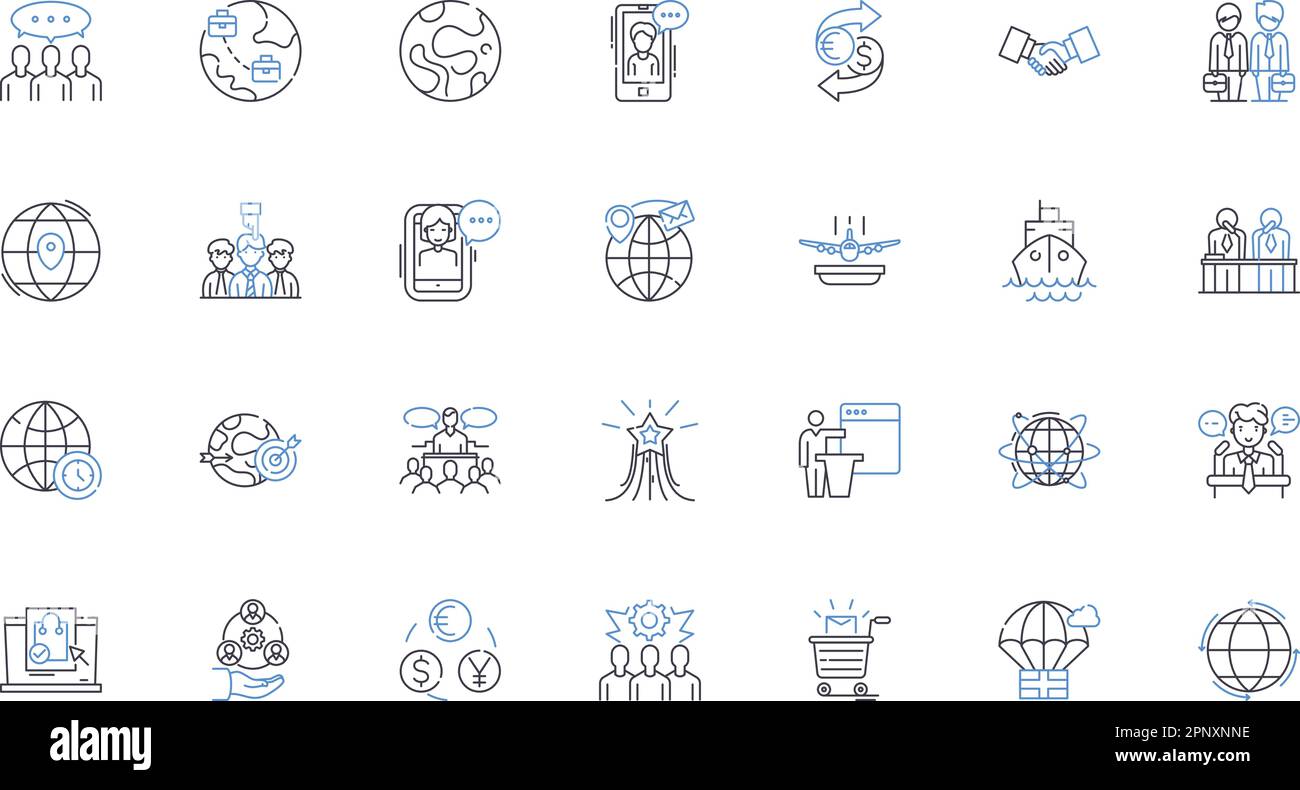 Symbolsammlung für InterContinental Transactions (Interkontinentale Transaktionen). Fremdwährung, Währung, Exporte, Importe, Überweisung, Liquidität, Exchange-Vektor und linear Stock Vektor