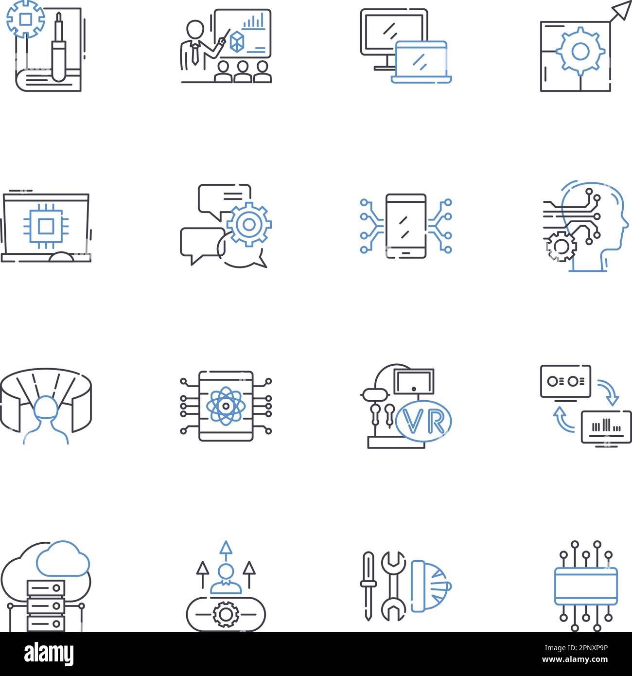 Symbolsammlung für Cyberprogramme. Sicherheit, Schutz, Verschlüsselung, Firewall, Malware, Virus, Hacker Vektor und lineare Illustration. Cyberkriminalität Stock Vektor