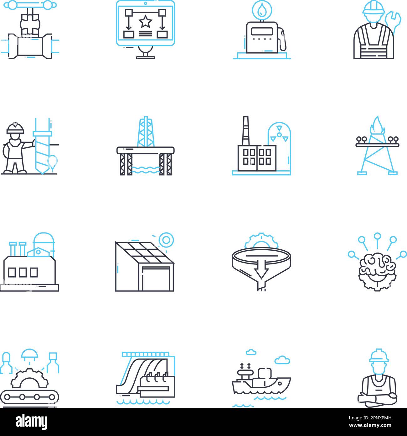 Linearer Symbolsatz für Industrieanlagen. Fertigung, Z, Industrialisierung, Fabriken, Lagerhäuser, Verkehrszeichen, Infrastrukturlinien-Vektor und Konzeptschilder Stock Vektor