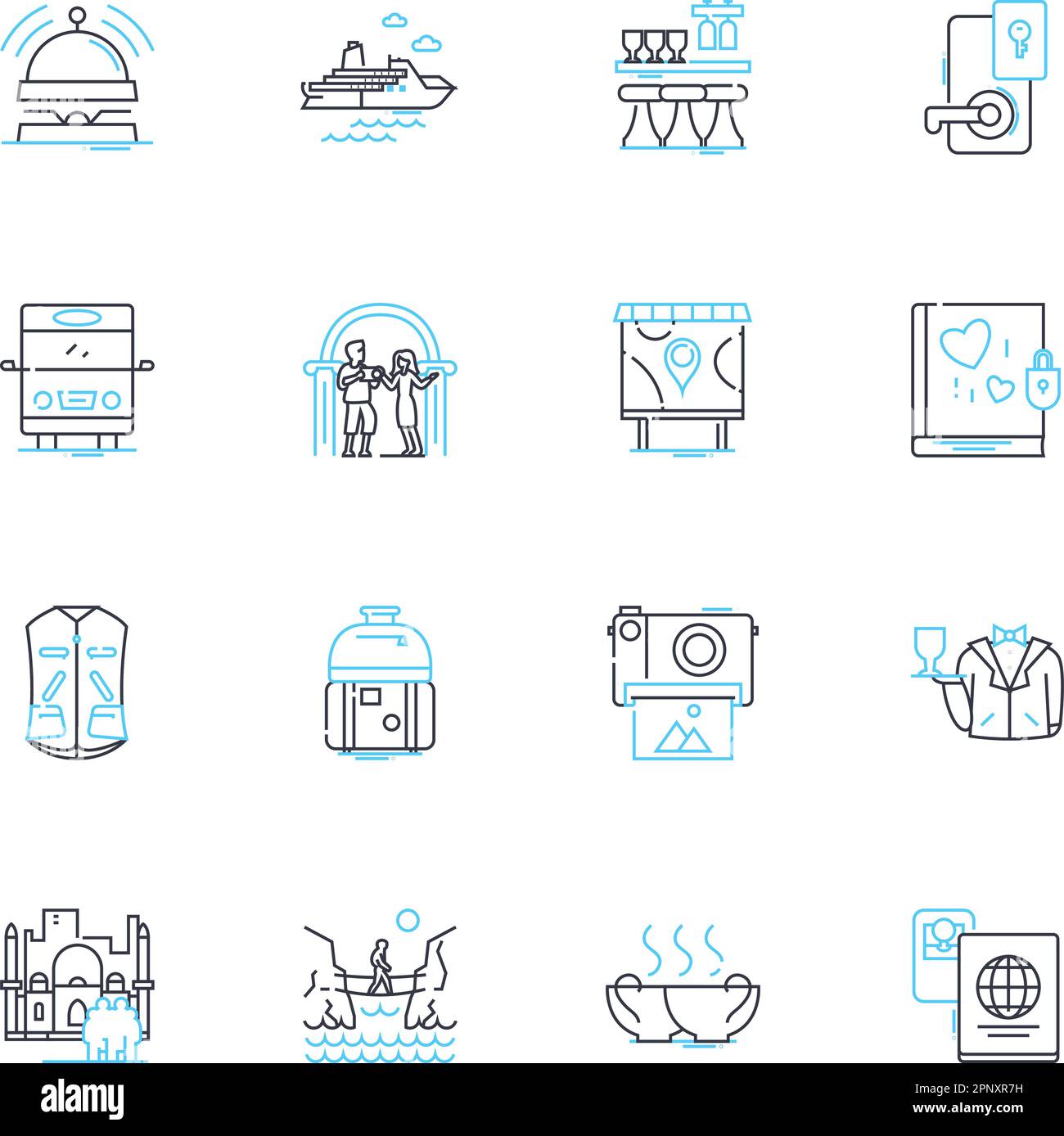 Lineare Symbole für Arbeitsausflüge festgelegt. Abenteuer, Teambildung, Nerking, Spaß, Bindung, Lern-, Produktivitäts-Liniendiagramm- und Konzeptschilder. Entspannung Stock Vektor