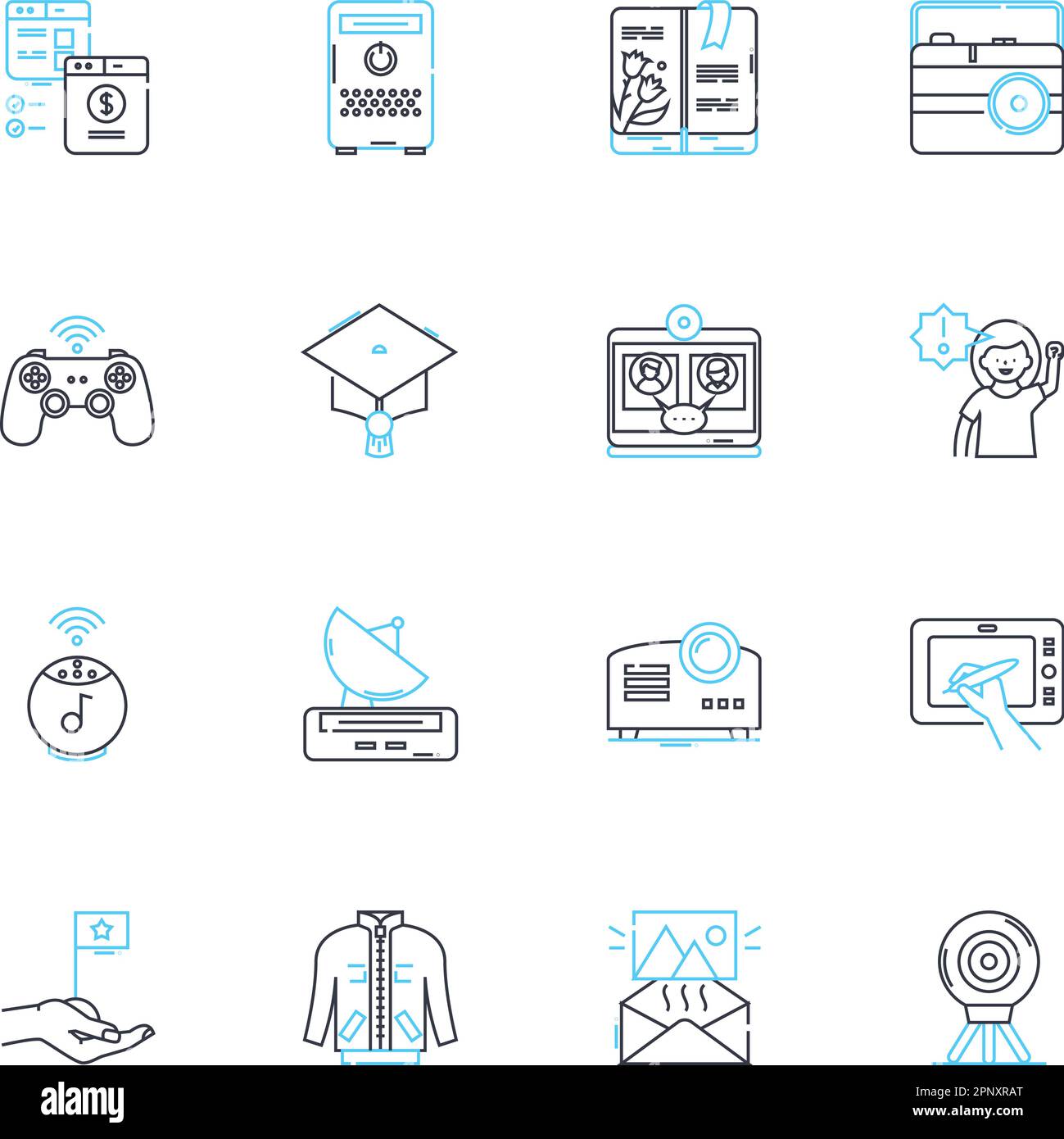 Faxgerät - Lineare Symbole eingestellt. Kommunikation, Fax, Technologie, Telekommunikation, Büro, Papiere, Überleitungsvektor und Konzeptschilder. Verstanden Stock Vektor
