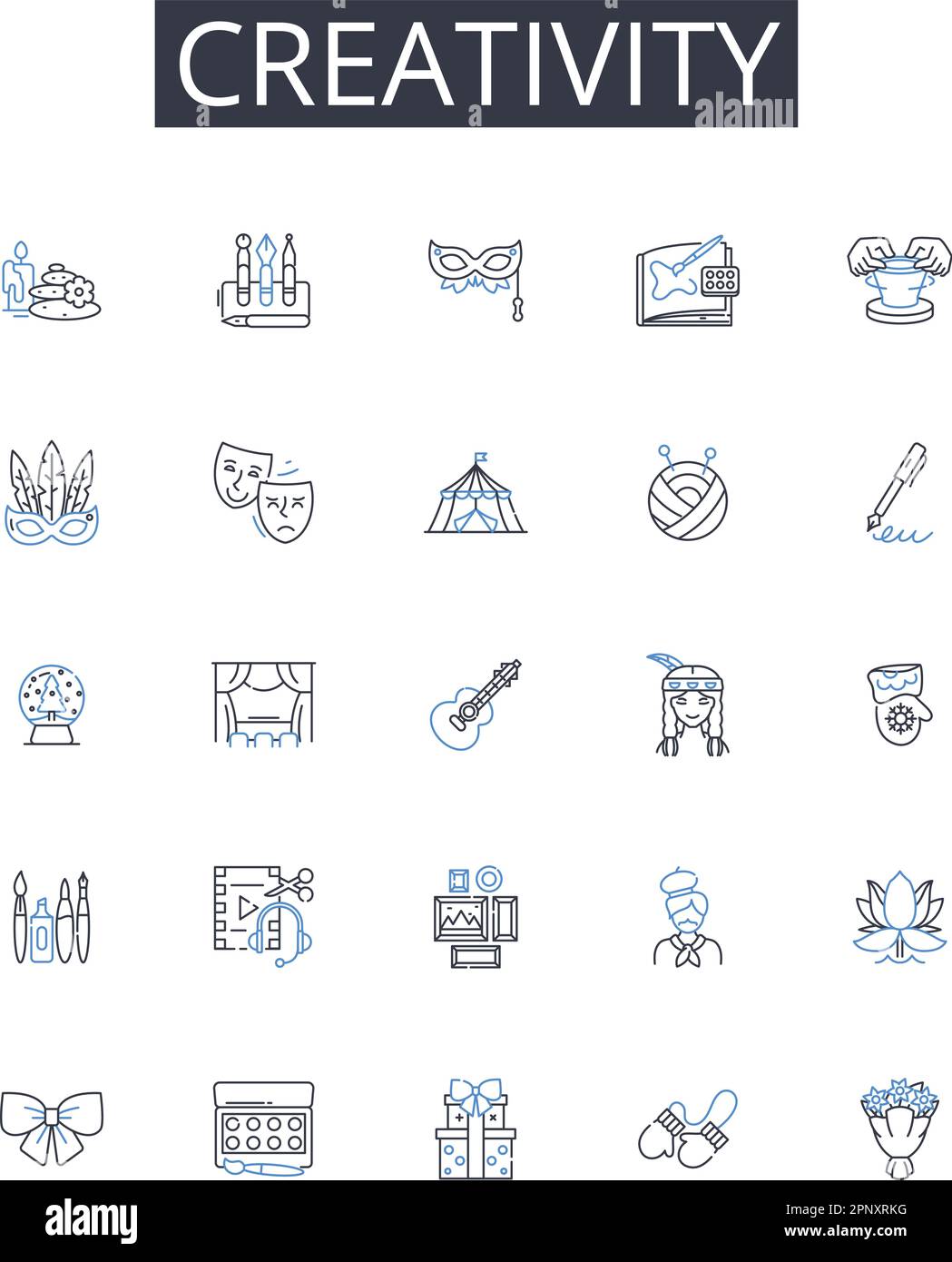 Kollektion mit Symbolen für Kreativitätslinien. Innovation, Neuheit, Einfallsreichtum, Einfallsreichtum, Vorstellungskraft, Erfindungsreichtum, Originalitätsvektor und linear Stock Vektor