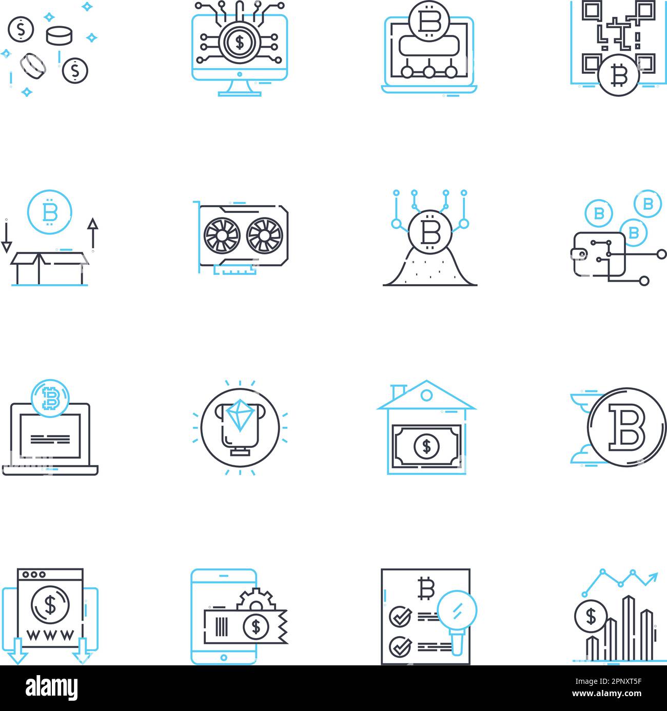 Blockchain-Technologie Lineare Symbole gesetzt. Dezentralisierung, Kryptowährung, Sicherheit, Transparenz, Smart Contracts, Unveränderlicher, verteilter Linienvektor Stock Vektor