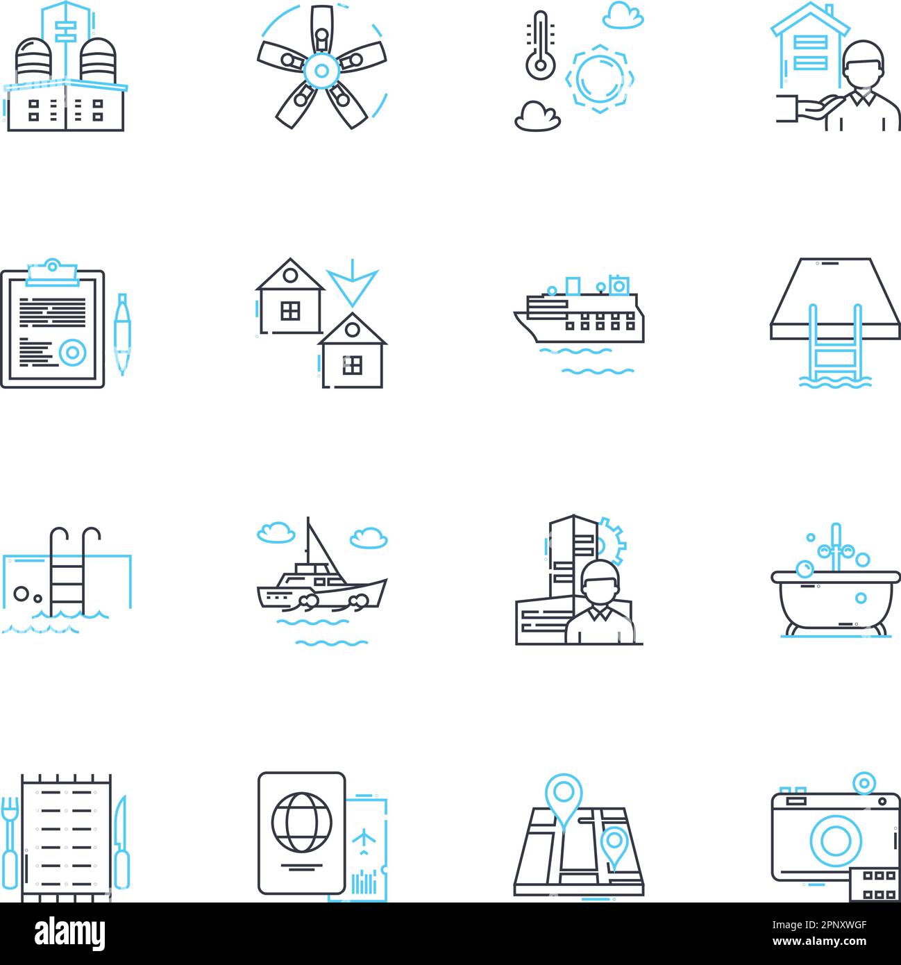 Hospitality Trade Linear Icons Set. Unterkunft, Service, Gastfreundschaft, Tourismus, Reisen, Empfang, Unterkunftslinie, Vektor und Konzeptschilder. Annehmlichkeiten Stock Vektor