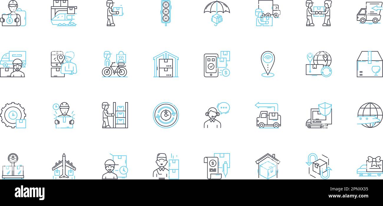 Linearer Symbolsatz für Kurierdienste. Lieferung, Logistik, Transport, Versand, Paket, Express-, Dispatch Line-Vektor- und Konzeptzeichen. Fracht Stock Vektor