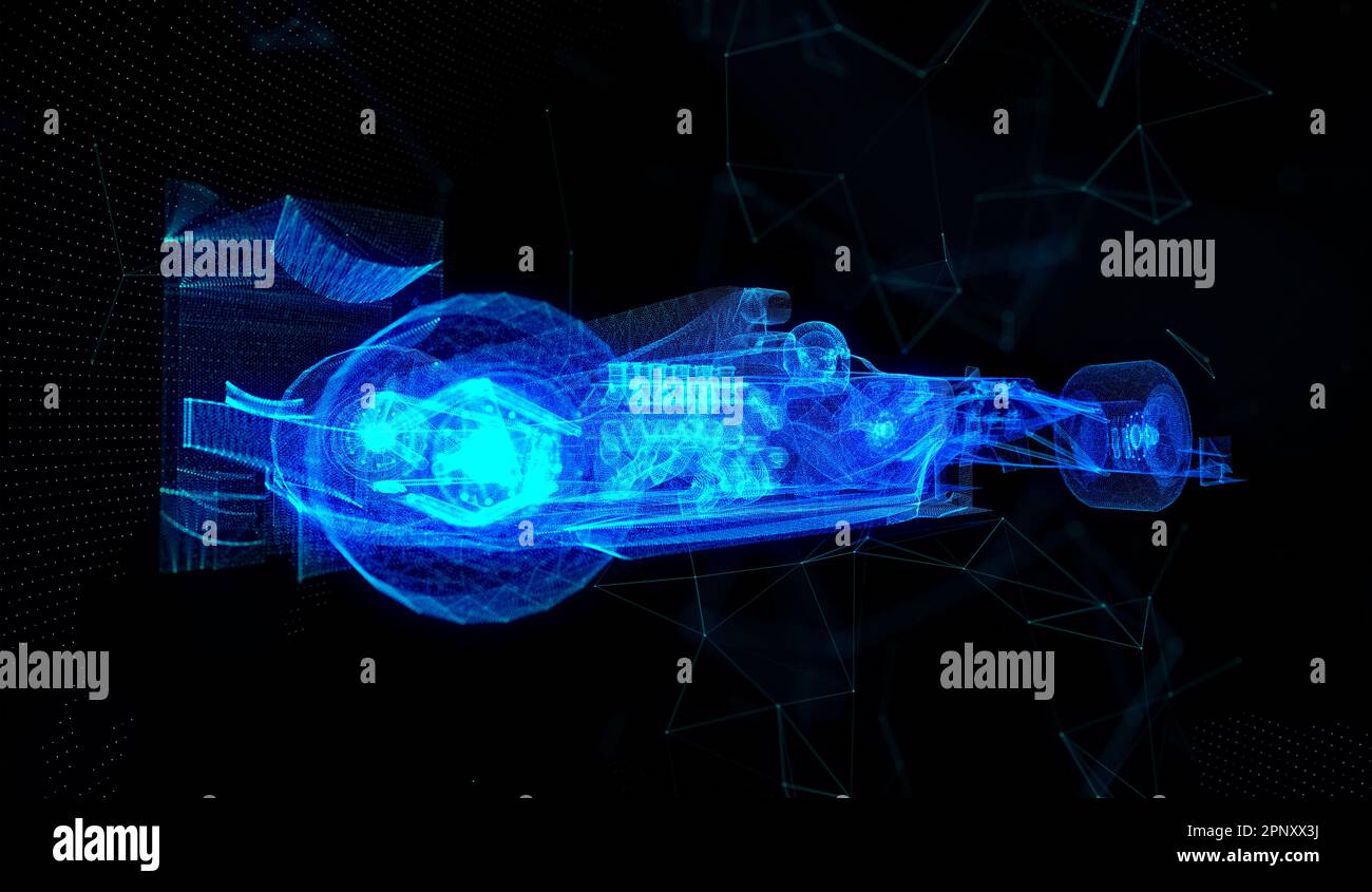 Partikelbildung Fahrzeug virtuelles Modell. Digitale Fahrzeugtechnologie-Visualisierung von 3D Stockfoto