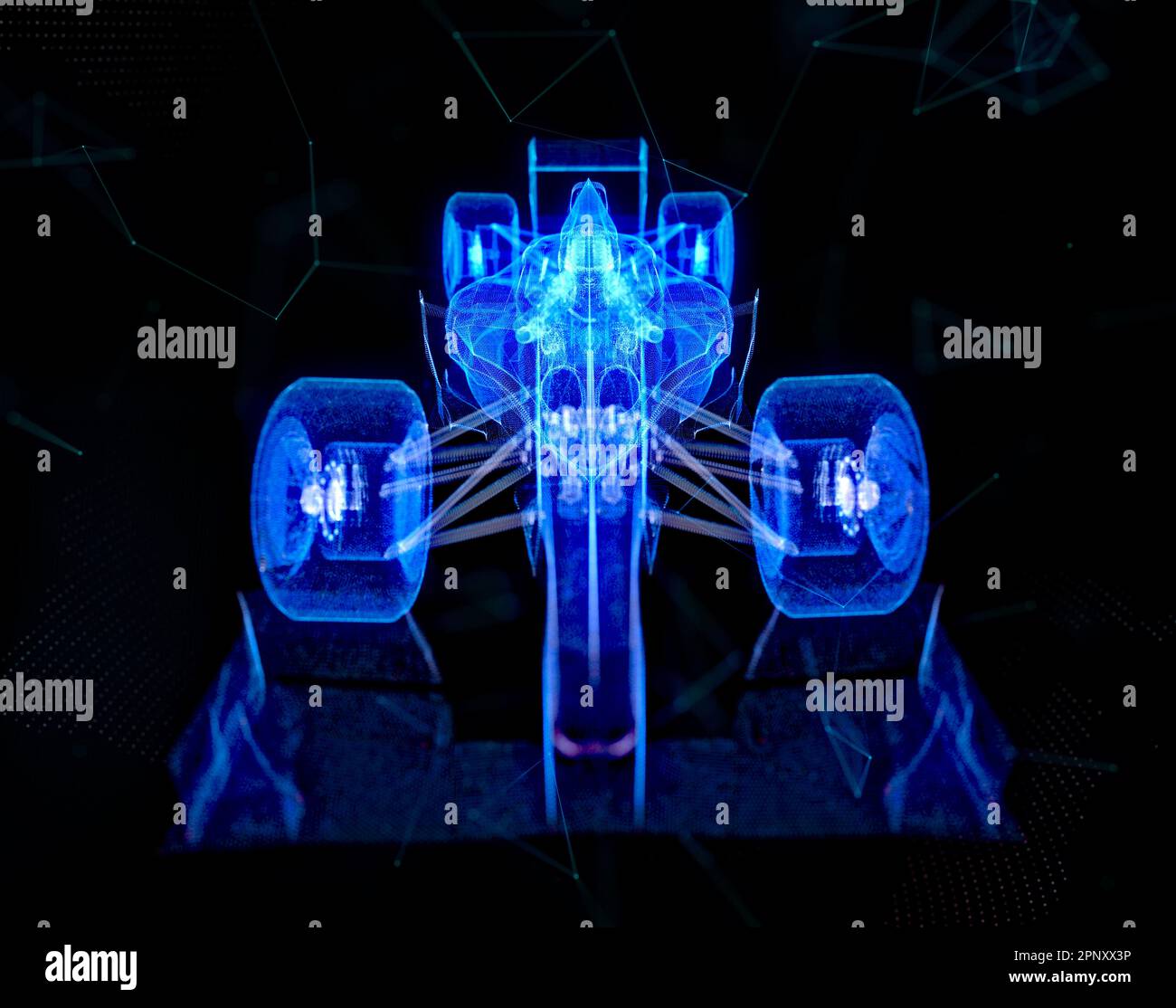Leuchtendes blaues Licht modell 3D Formula mit Linien, Punkten und Partikeln Stockfoto