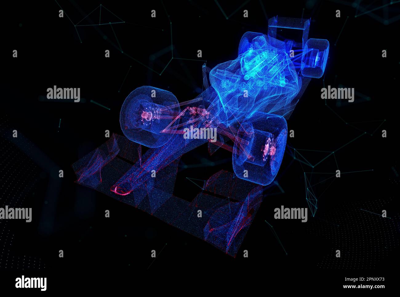 Formel-Bolide. Glänzende Schwarz-Blau-Formation des 3D-Modells Stockfoto